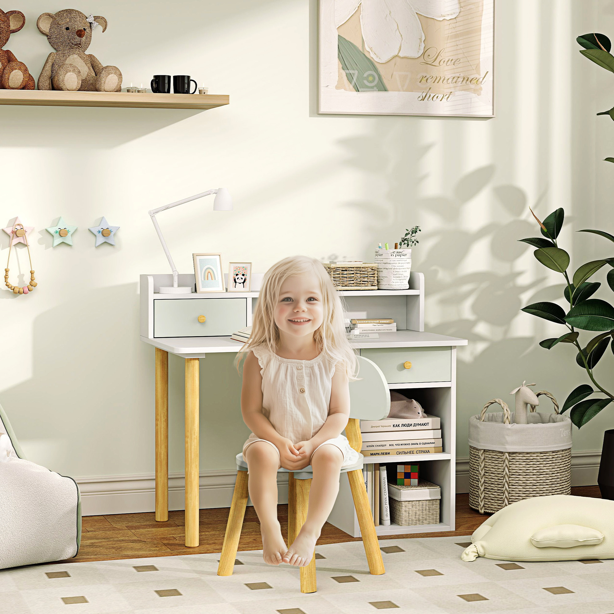 AIYAPLAY Two-Piece Children Study Table with Hutch, Kids Desk and Chair Set with Storage, Drawer, Shelves, Green 2