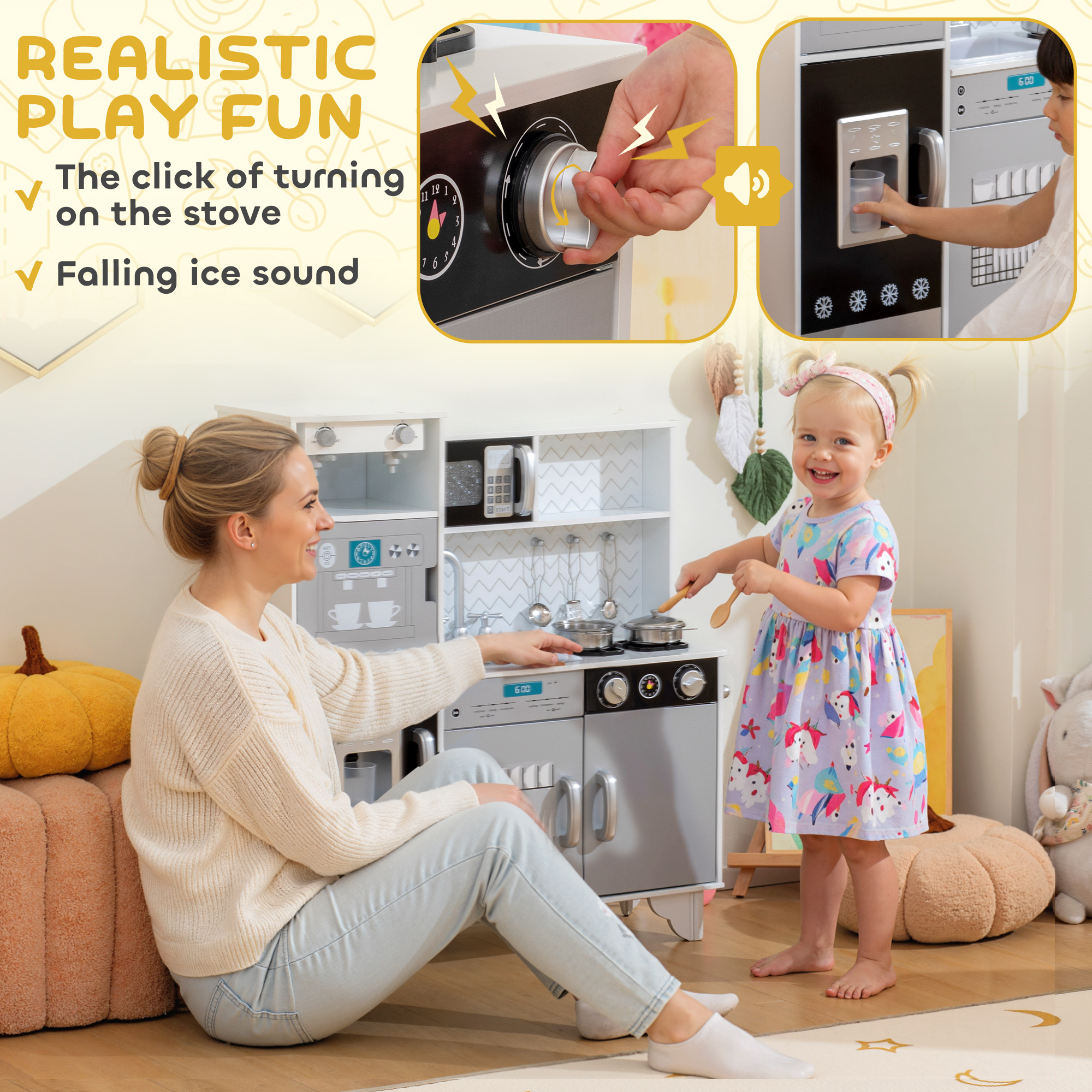 AIYAPLAY Kids Play Kitchen with Sound, Ice/Coffee Maker, Utensils, Microwave, Stainless Steel Utensils, for 3-6 Years 4
