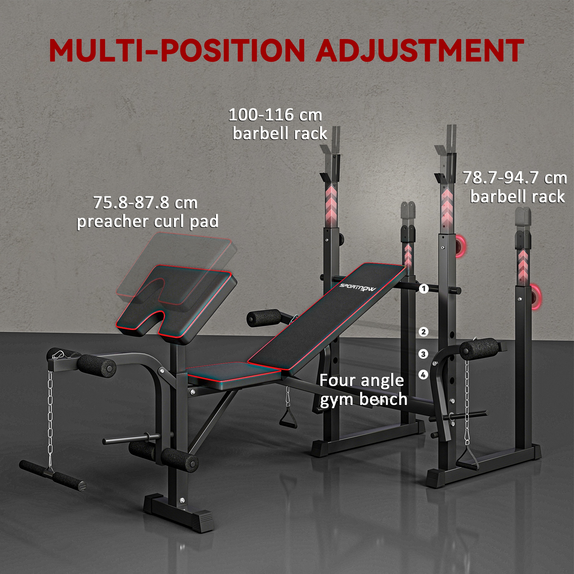 SPORTNOW Weight Bench with Two Barbell Racks, Leg Curl Machine, Preacher Curl Bench, Black 5