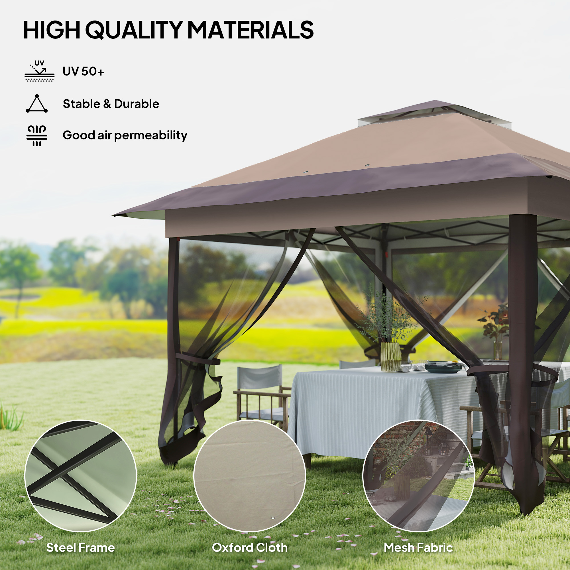 Outsunny 3.6 x 3.6 m Pop up Gazebo with Netting, Height Adjustable Party Tent Instant Canopy Sun Shade Shelter, Khaki 6