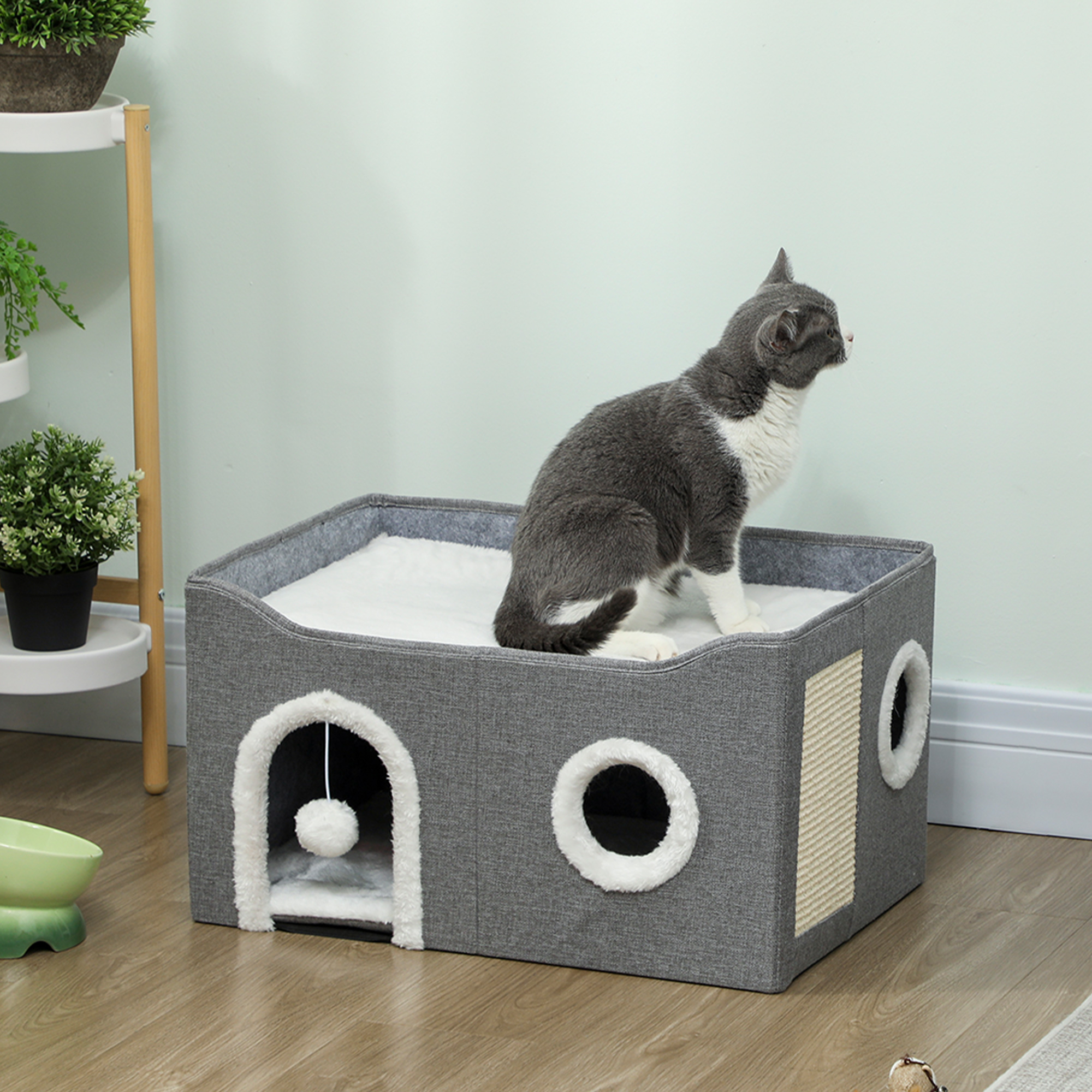 PawHut Cat Bed for Indoor Pets, Foldable Cat House with Fluffy Ball and Scratch Pad for Small and Medium Pets, Grey 2