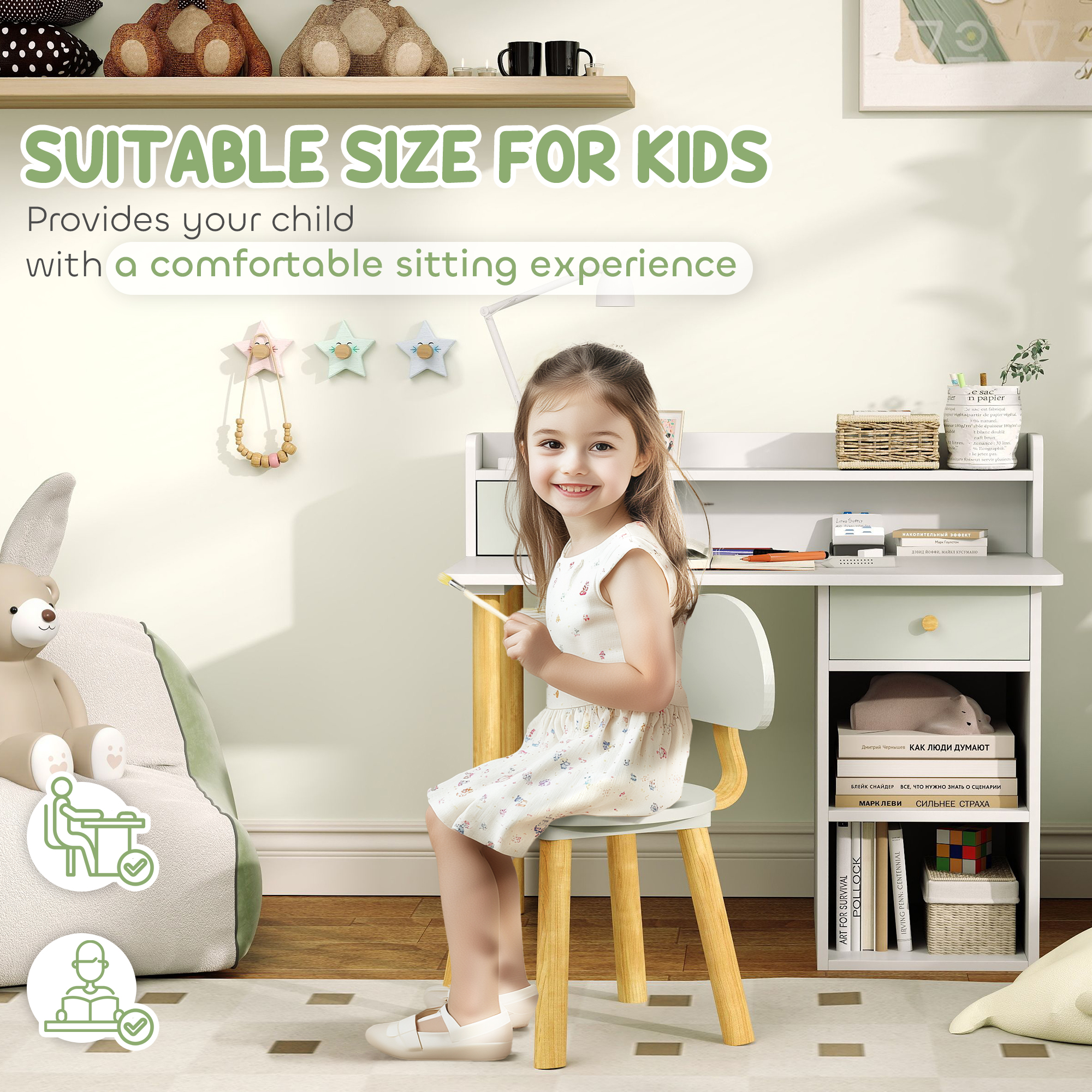 AIYAPLAY Two-Piece Children Study Table with Hutch, Kids Desk and Chair Set with Storage, Drawer, Shelves, Green 6