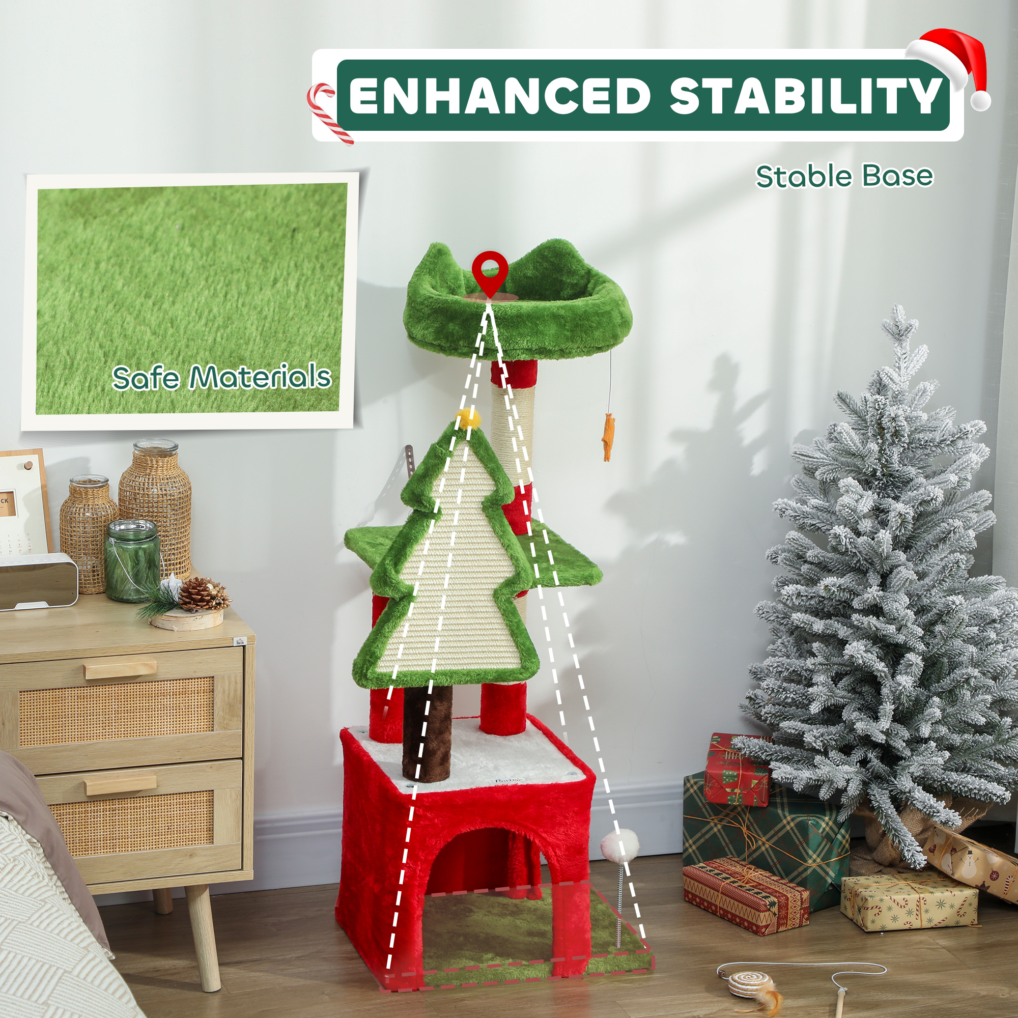 PawHut Christmas Cat Tree, 120cm Cat Tower with Scratching Post & Board, Platform, Toys, Green 7