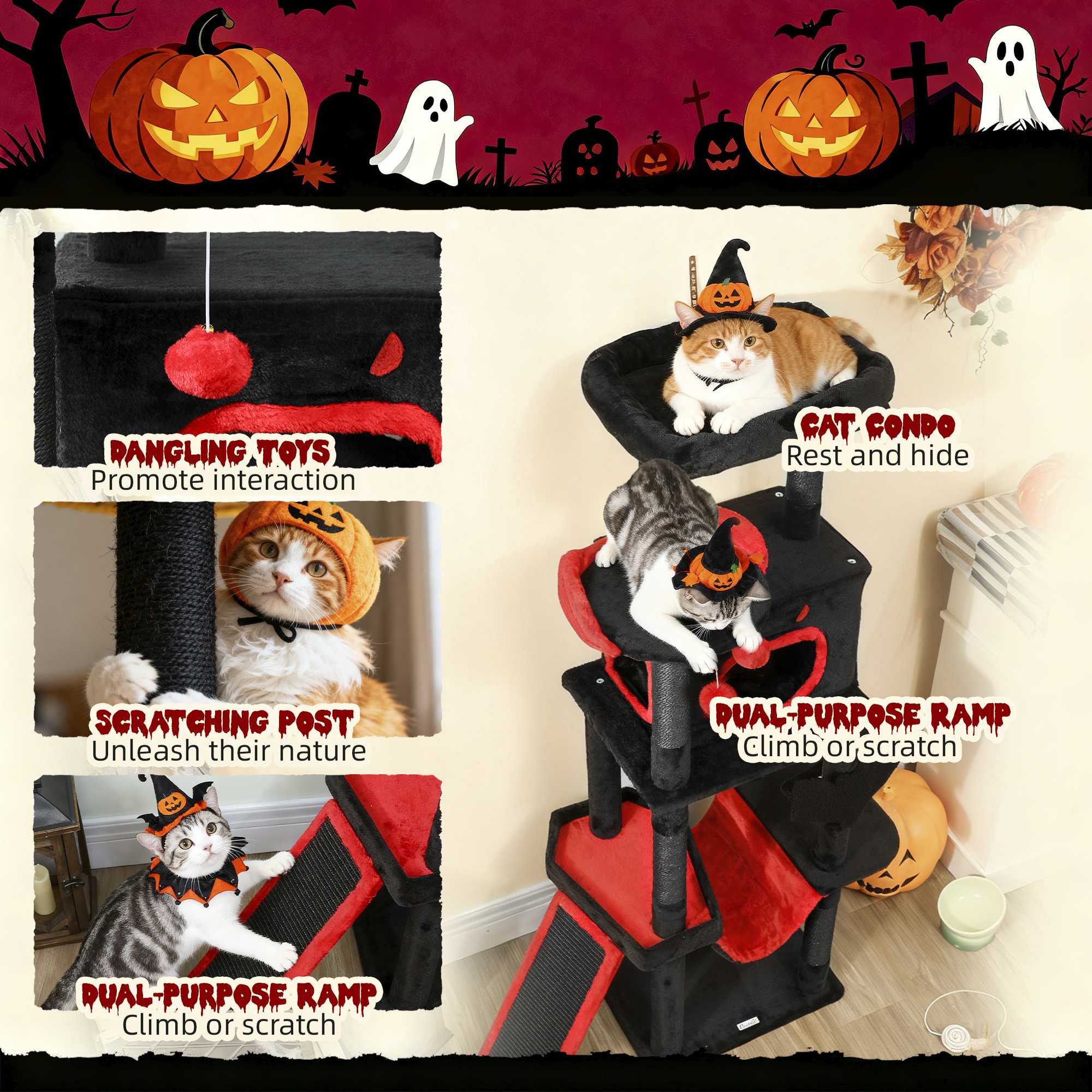 PawHut Gothic Cat Tree, 152 cm Multi-Level Cat Tower for Large Cats with Coffin Bed, Large Condo, for Halloween 6