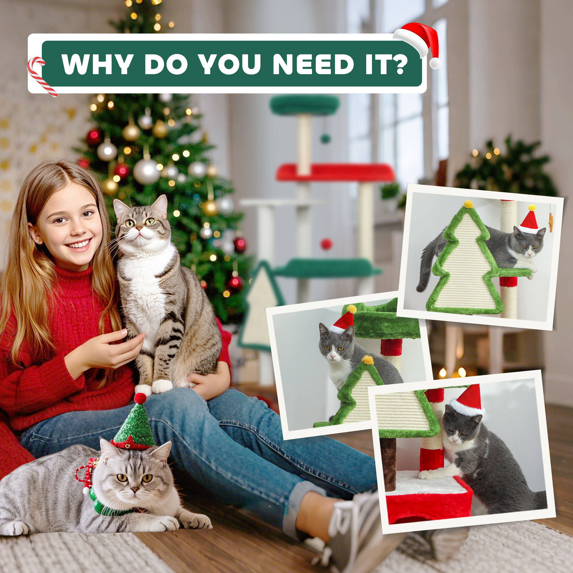 PawHut Christmas Cat Tree, 120cm Cat Tower with Scratching Post & Board, Platform, Toys, Green 8