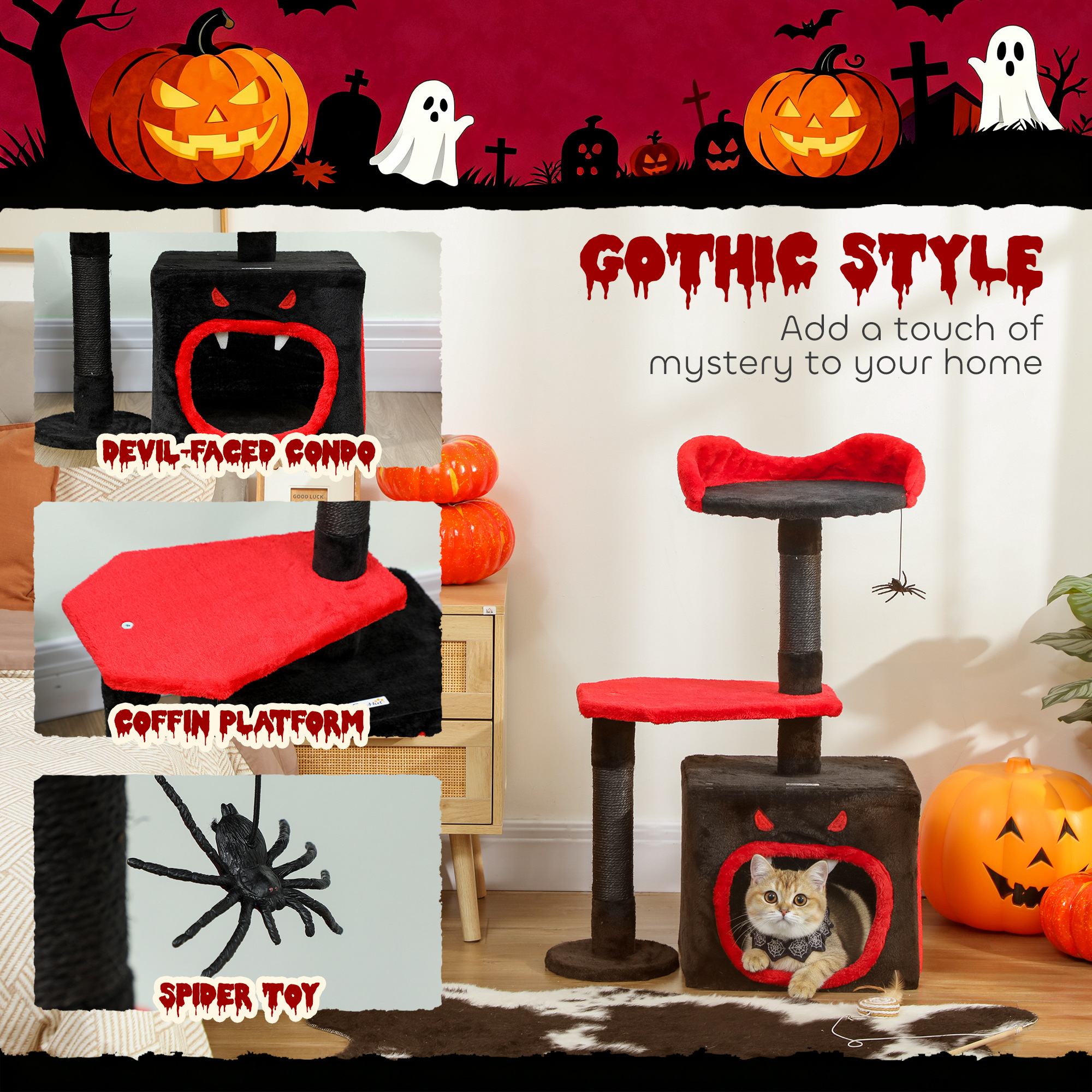 PawHut Cat Tree, Gothic Cat Tower with Scratching Posts, Cute Condo, Coffin Platform, Bed and Spider Toy, Halloween 5