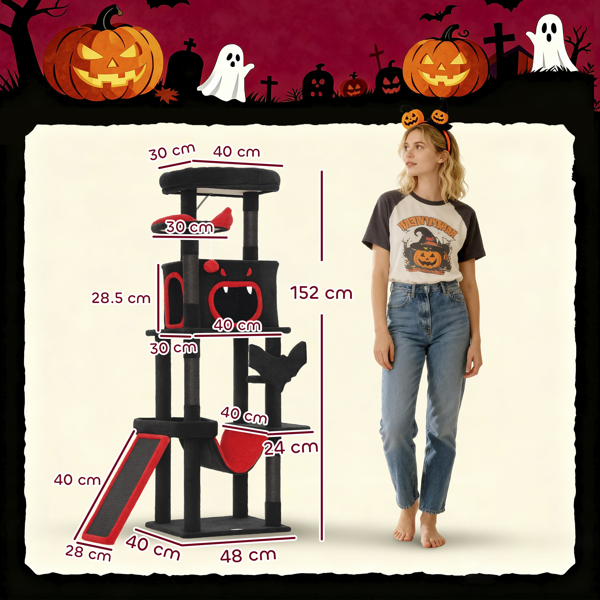 PawHut Gothic Cat Tree, 152 cm Multi-Level Cat Tower for Large Cats with Coffin Bed, Large Condo, for Halloween 3