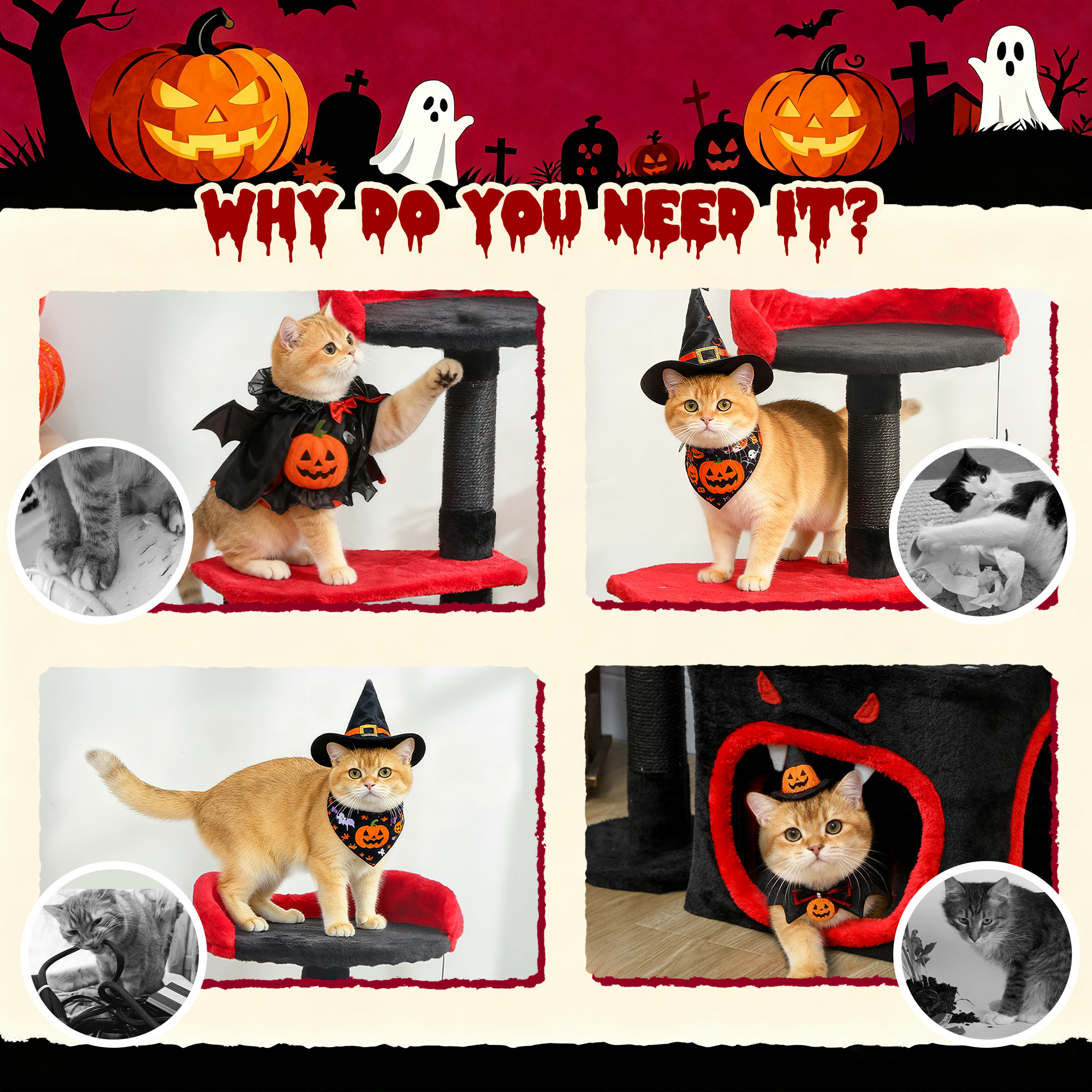 PawHut Cat Tree, Gothic Cat Tower with Scratching Posts, Cute Condo, Coffin Platform, Bed and Spider Toy, Halloween 8