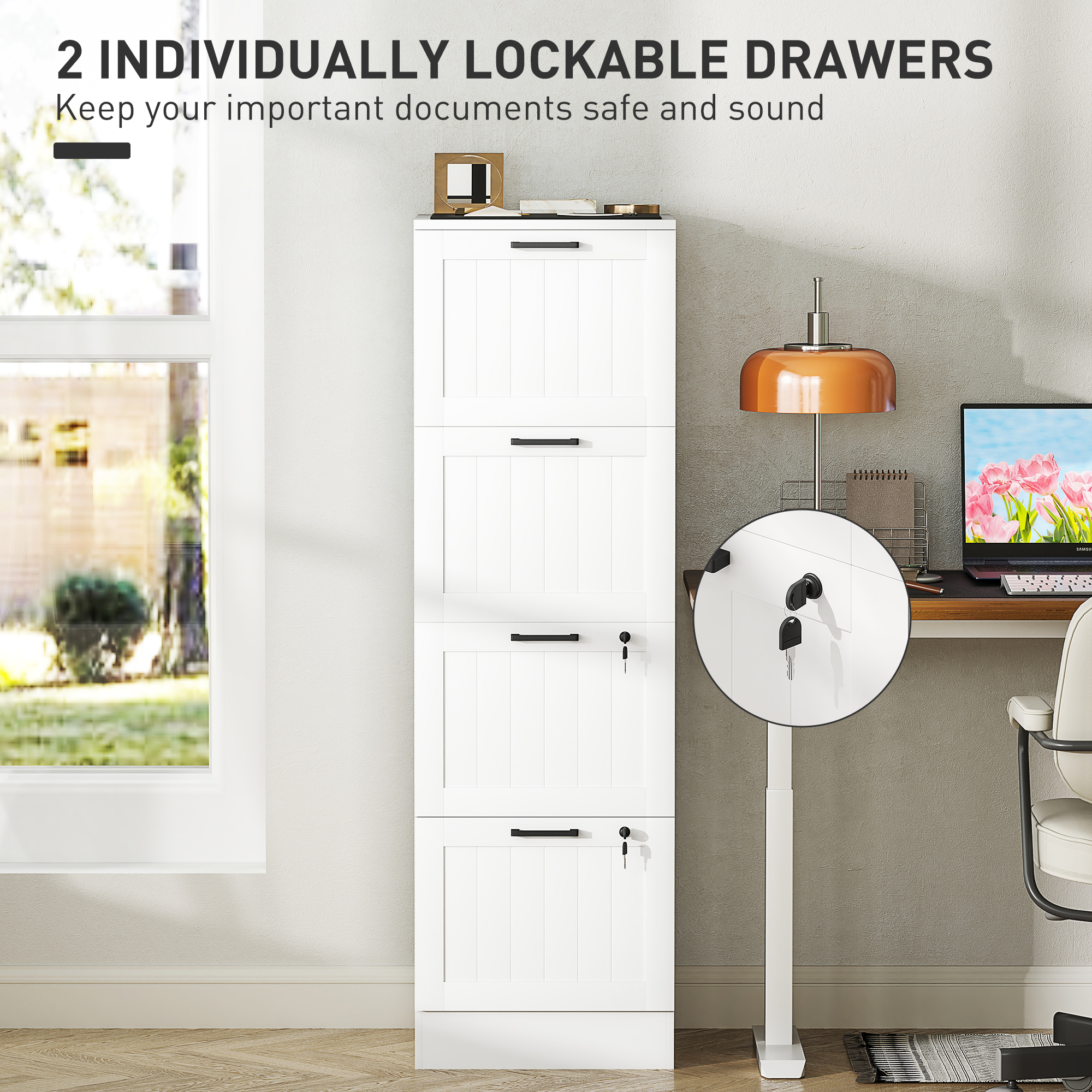 HOMCOM 4 Drawer Filing Cabinet with Lock, Office Storage Cabinet with Adjustable Hanging Bars for A4 Letter Size Files, White 6