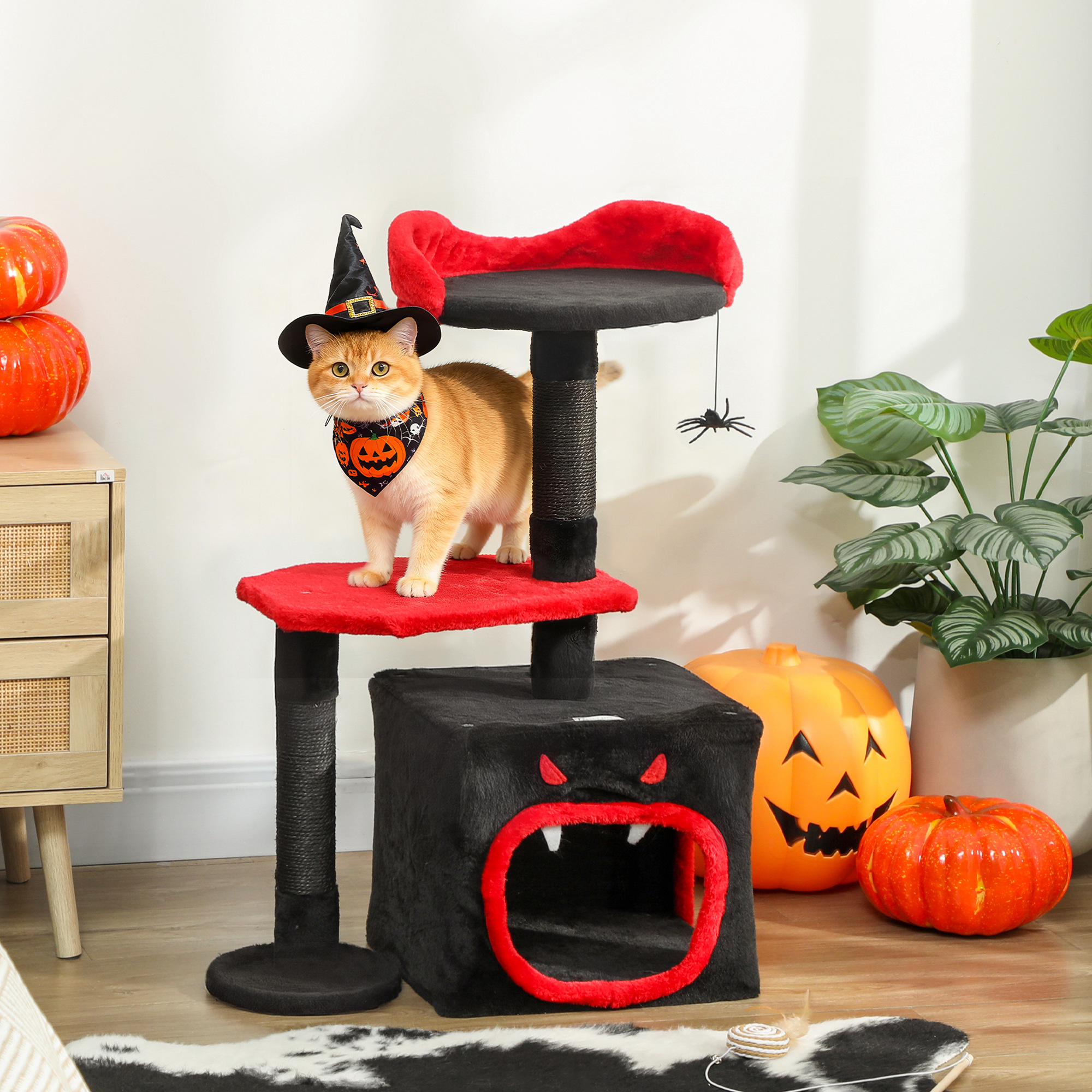 PawHut Cat Tree, Gothic Cat Tower with Scratching Posts, Cute Condo, Coffin Platform, Bed and Spider Toy, Halloween 2