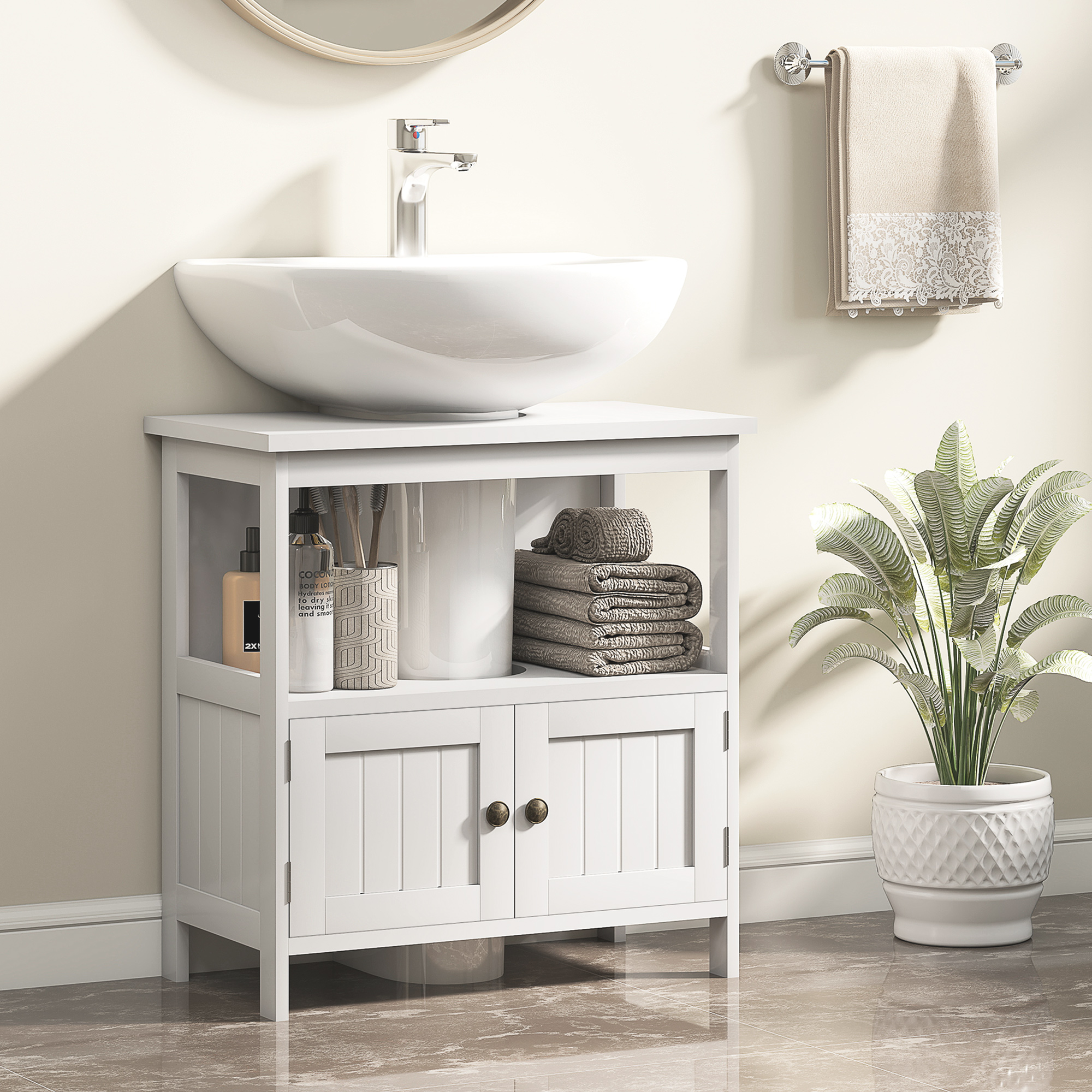 kleankin Pedestal Under Sink Cabinet with Double Doors, Modern Bathroom Vanity Storage Unit with Shelves, White 2
