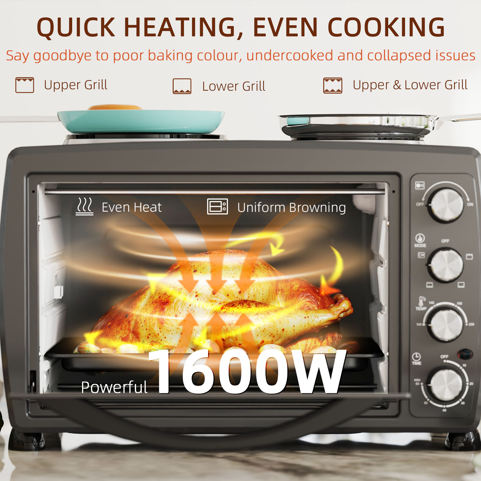 HOMCOM 36L Small Oven with 2 Hot Plates, Countertop Toaster Oven, Grill, Roast, Bake, Boil, with Timer, Adjustable Temperature, Electric Oven with Baking Tray, Grill Rack, Crumb Tray, 2600W, Black 7