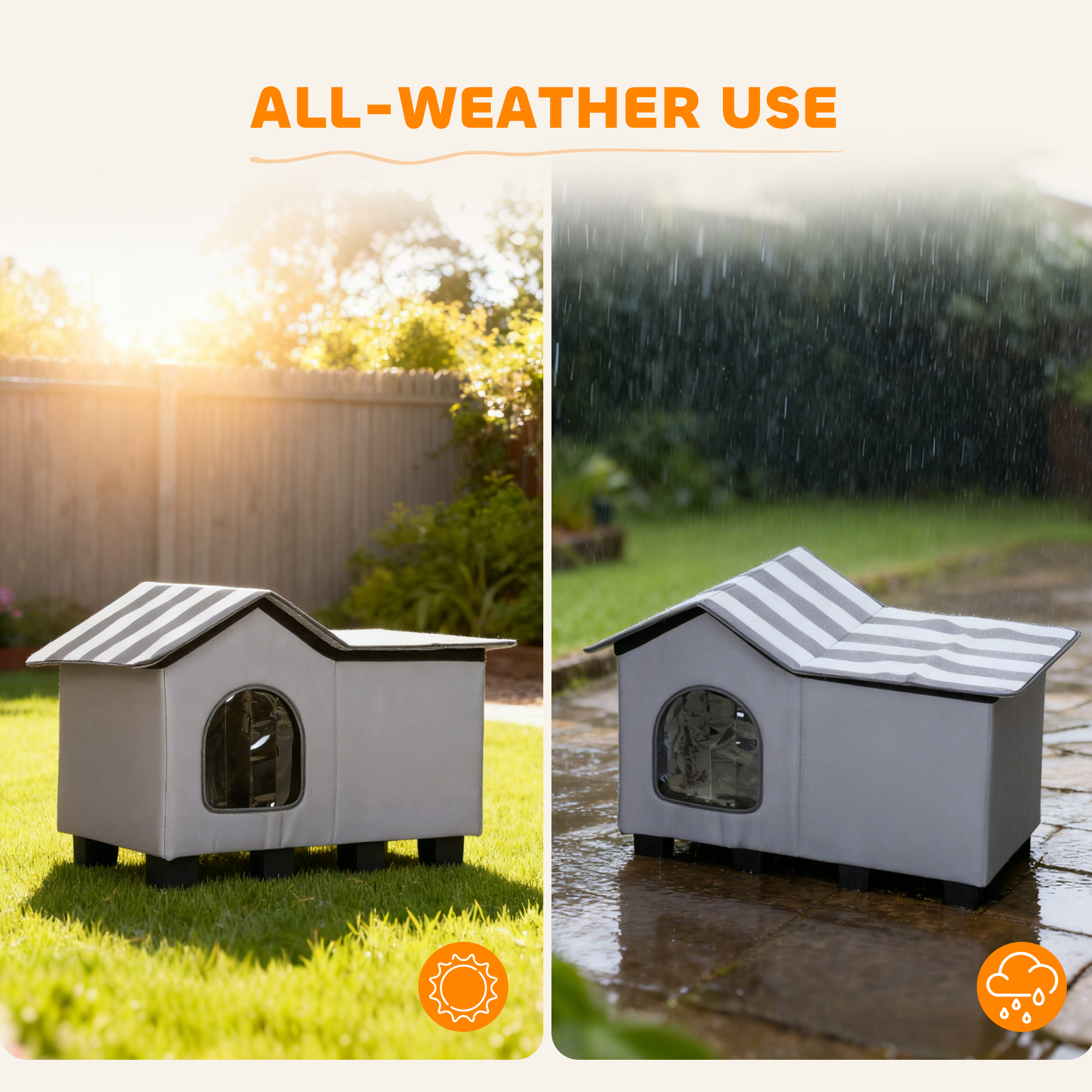 PawHut Outdoor Cat House, Weatherproof Feral Cat Cave with Elevated Base and Cushion for Winter, Grey 5