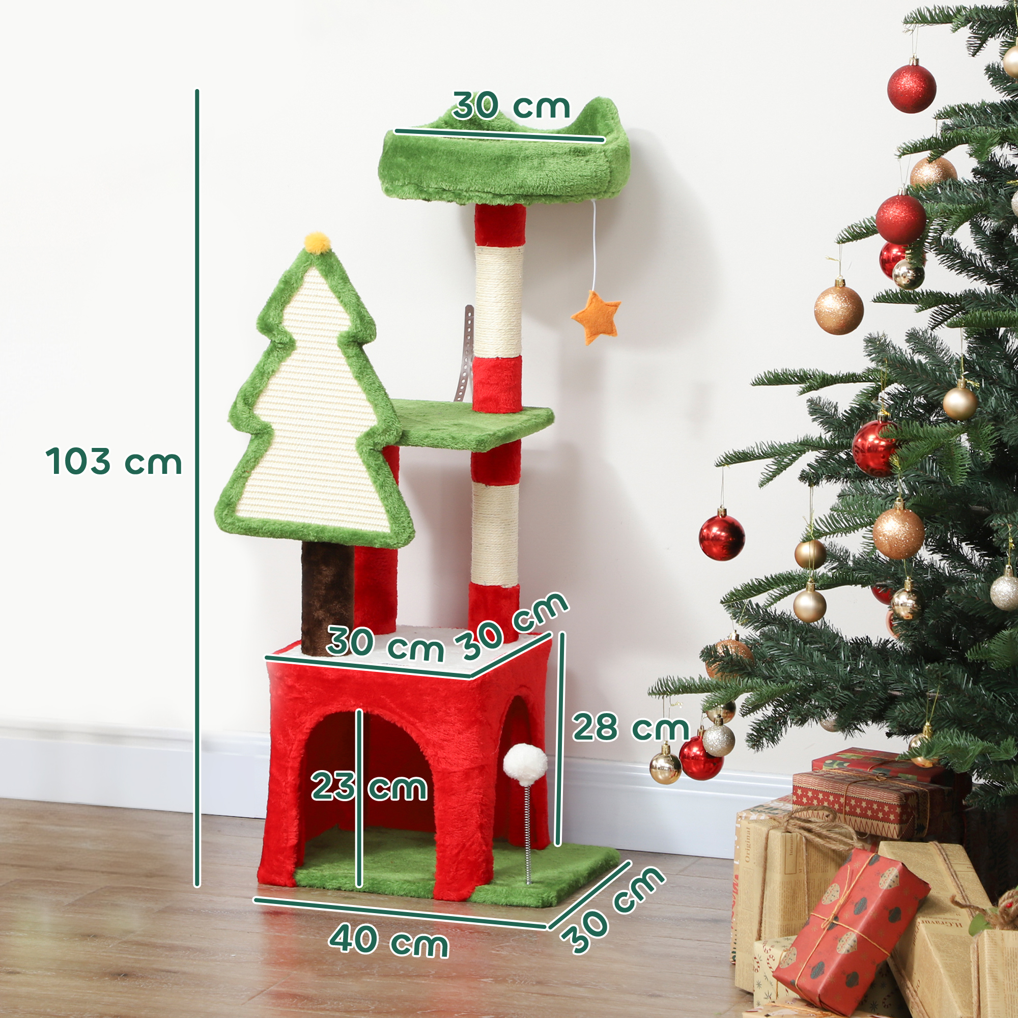 PawHut Christmas Cat Tree, 120cm Cat Tower with Scratching Post & Board, Platform, Toys, Green 3