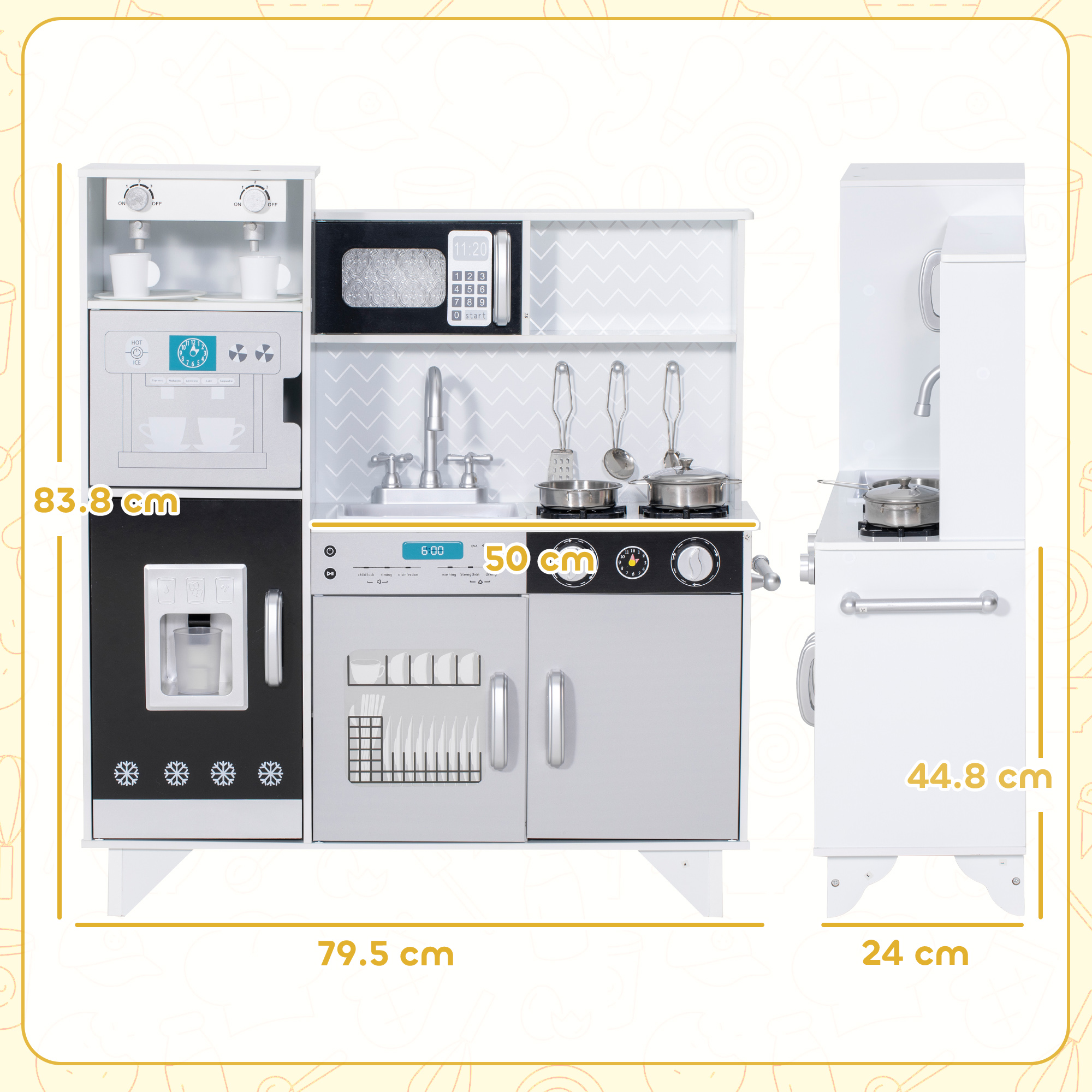 AIYAPLAY Kids Play Kitchen with Sound, Ice/Coffee Maker, Utensils, Microwave, Stainless Steel Utensils, for 3-6 Years 3