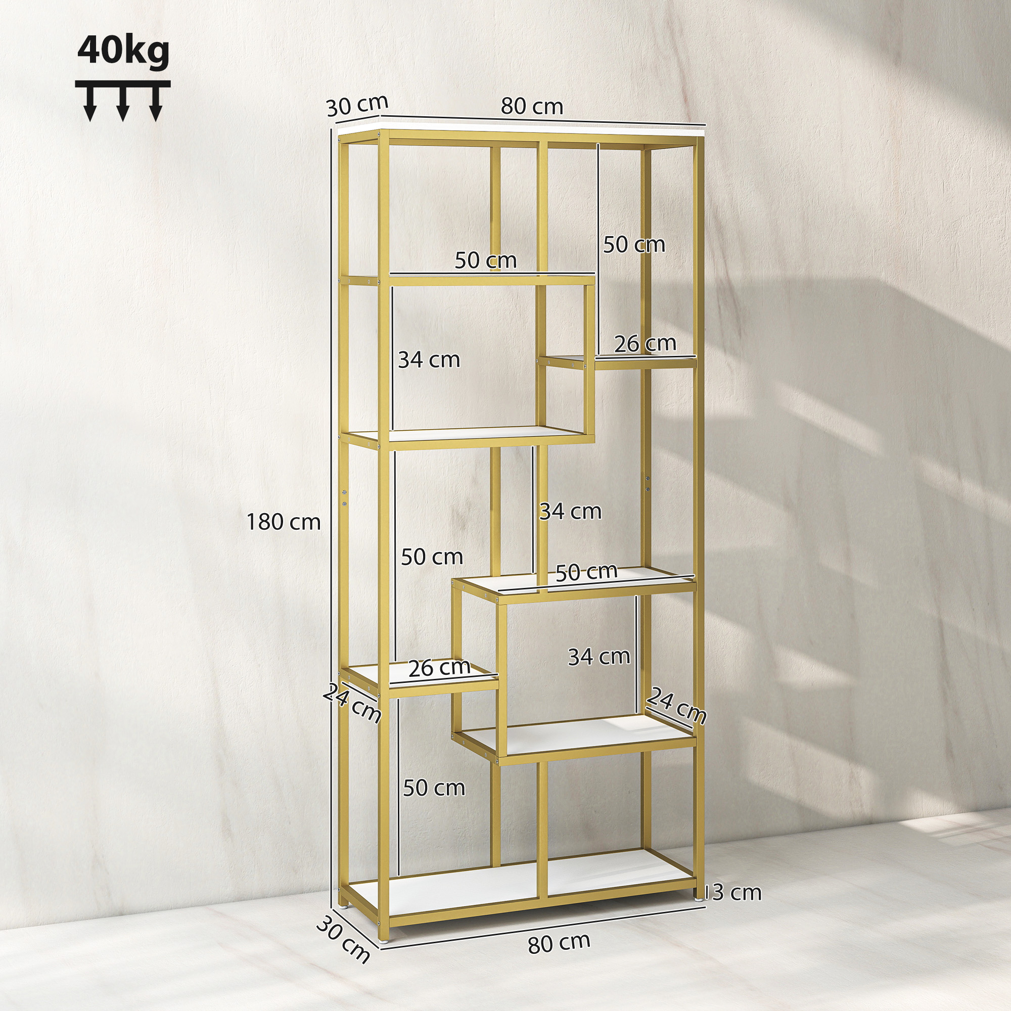 HOMCOM Seven-Tier Geometric Bookcase White/Gold Tone 3