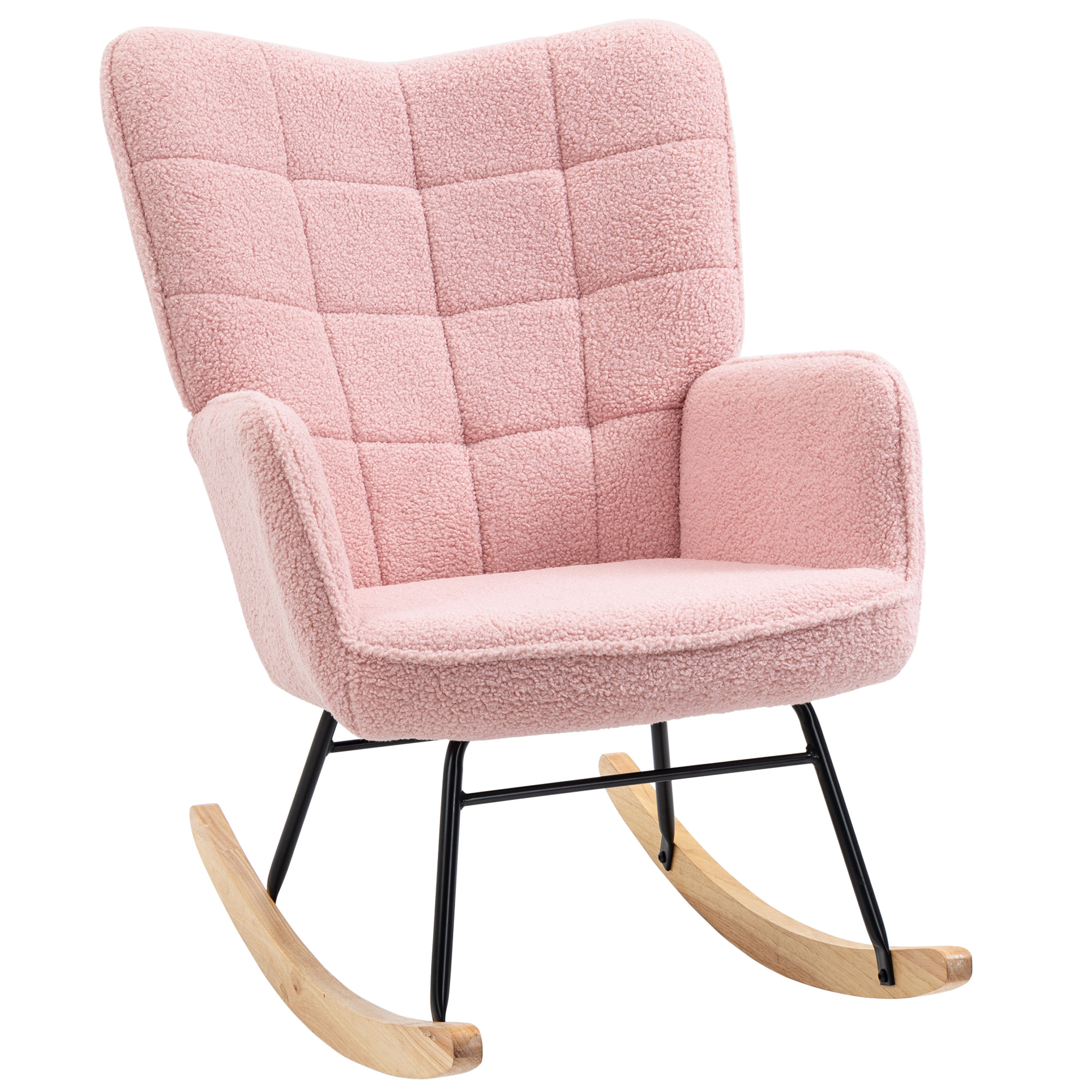 HOMCOM Silla Mecedora de Borreguito Sillón Balancín Oscilante 40° con Patas de Madera de Haya Carga 120 kg 71x98x101 cm Rosa | Aosom España