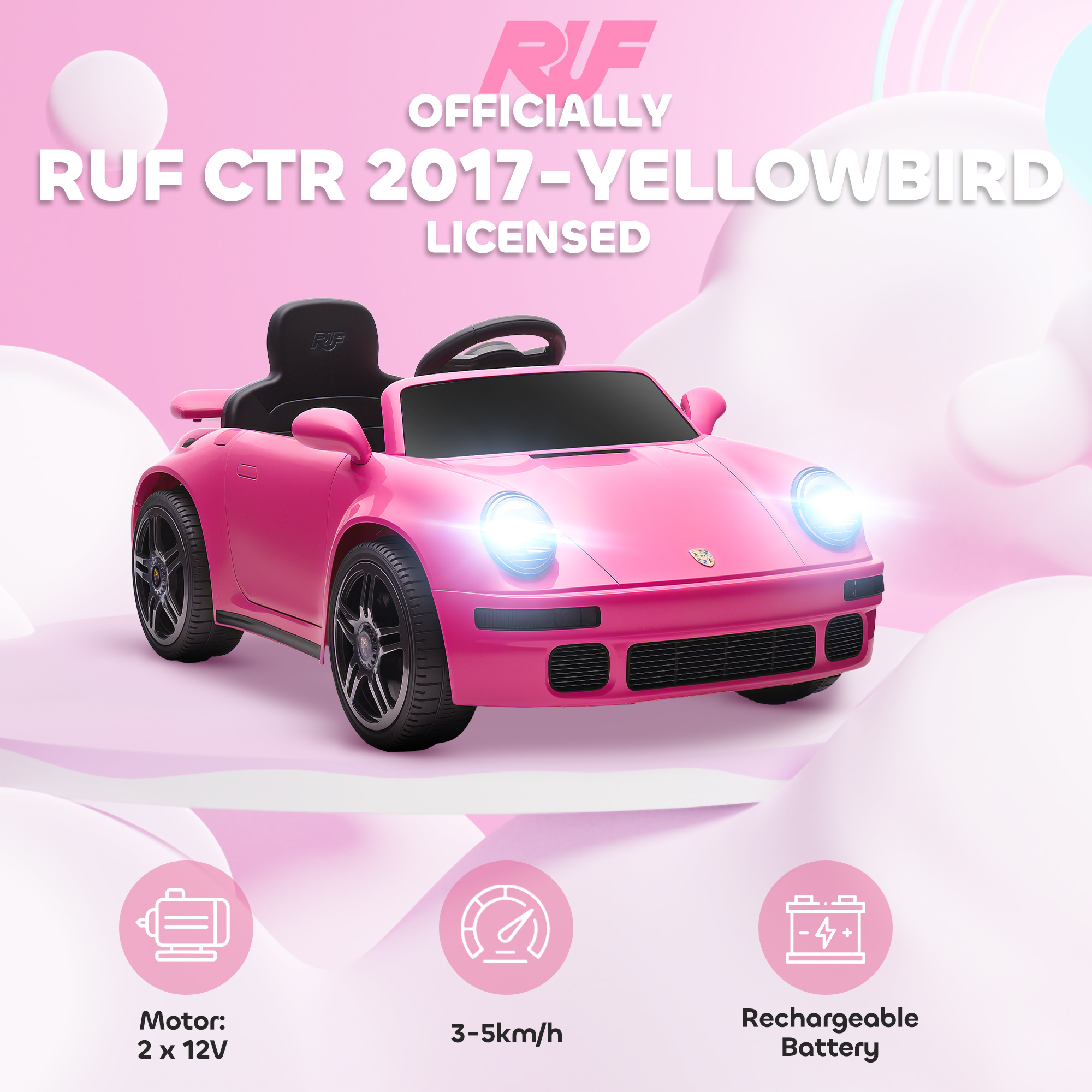 AIYAPLAY Licensed RUF CTR 2017-Yellowbird Electric Car for Kids, with Remote Control, Soft Start, MP3 Player, LED Lights, Pink 4