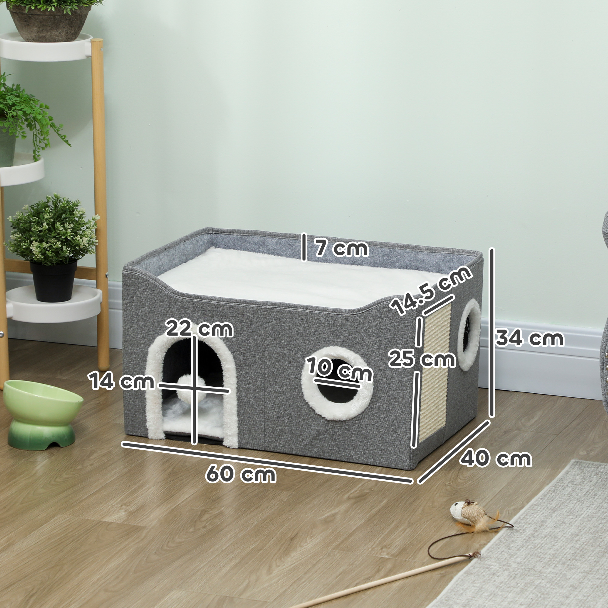 PawHut Cat Bed for Indoor Pets, Foldable Cat House with Fluffy Ball and Scratch Pad for Small and Medium Pets, Grey 3