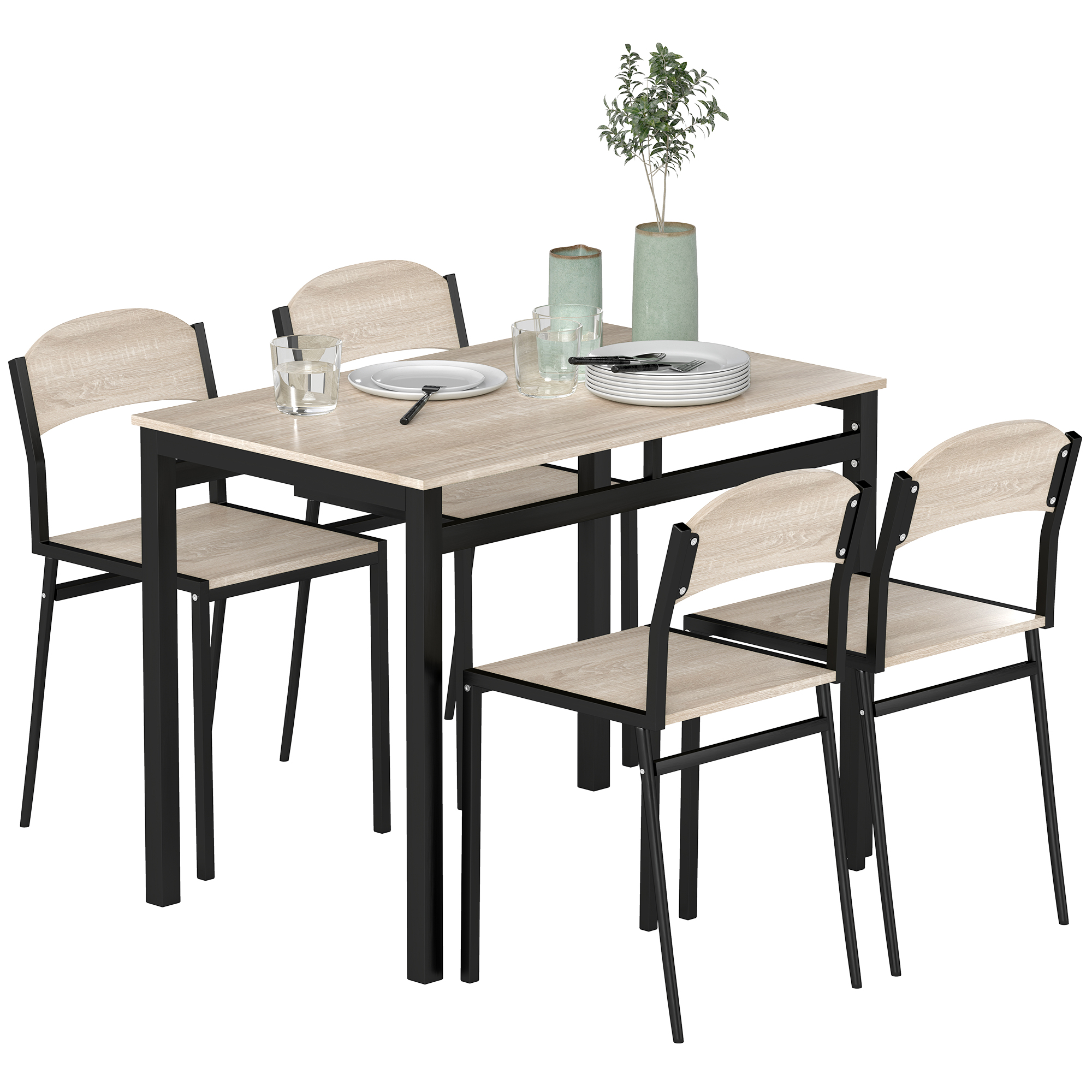 Set HOMCOM de Masă și 4 Scaune, Design Dreptunghiular, Oțel și MDF, Negru și Lemn Natural, 100x63x76.5cm și 45x40x82cm | Aosom Romania