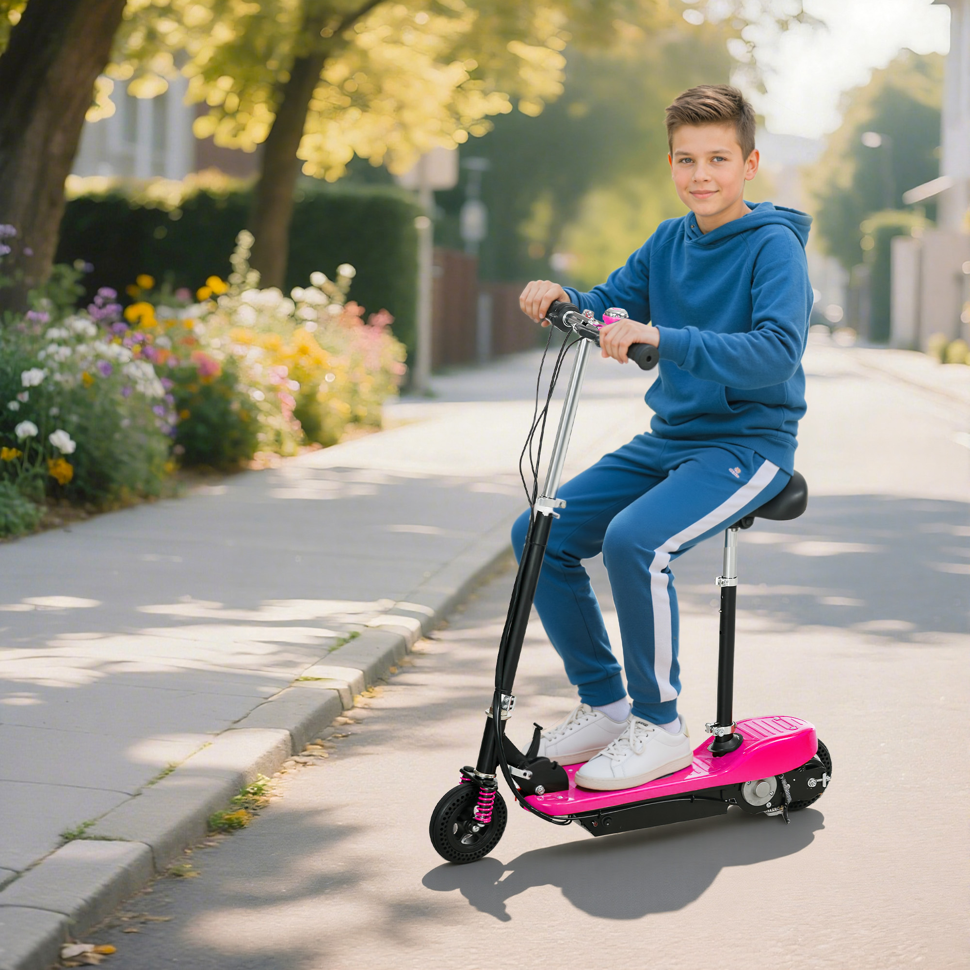 HOMCOM Steel Ride on Powered Scooter, Folding E-Scooter with Warning Bell, 15km/h Maximum Speed, for 6-14 Years Old, Pink 2