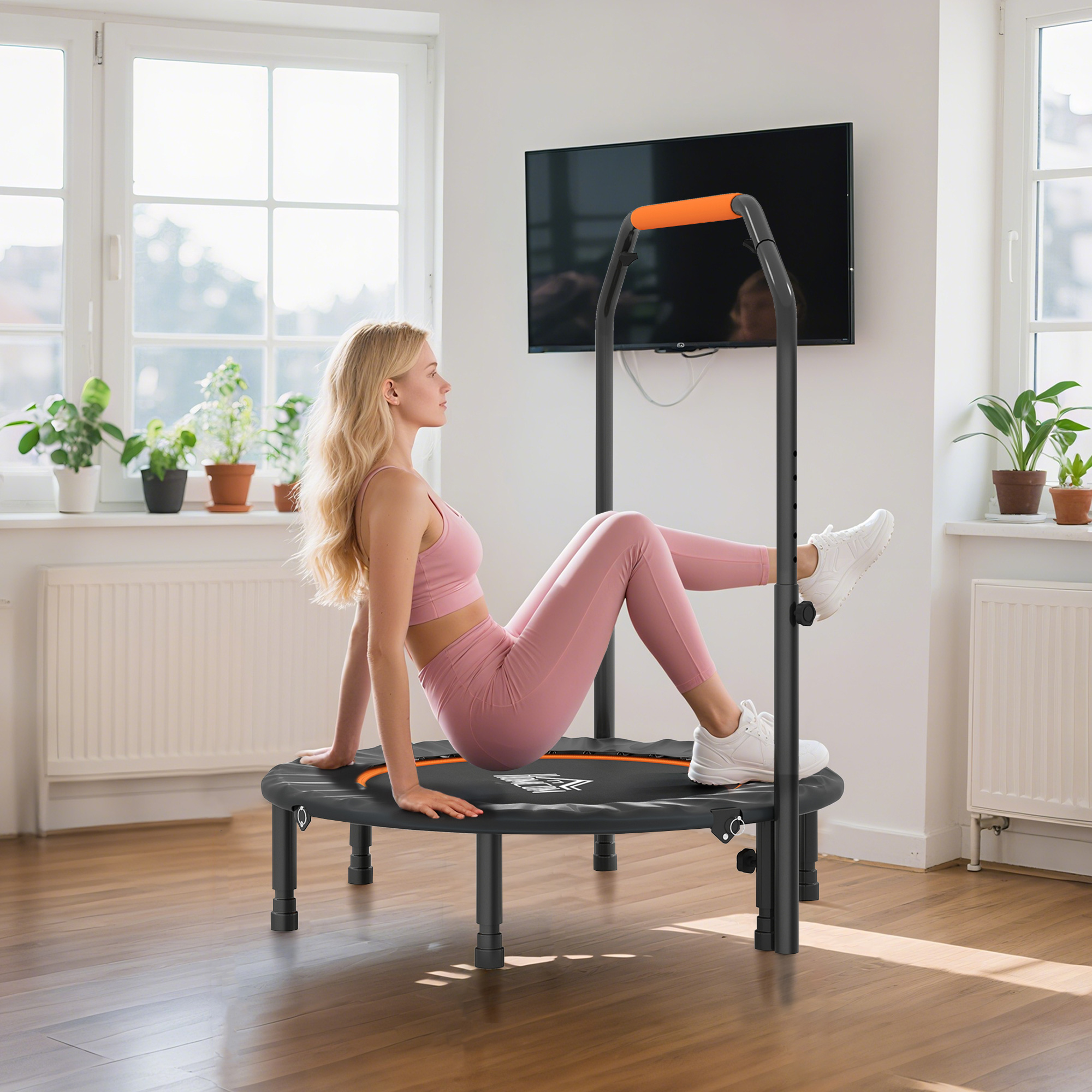 HOMCOM 40" Foldable Mini Fitness Trampoline, with Adjustable Foam Handle, Orange 9