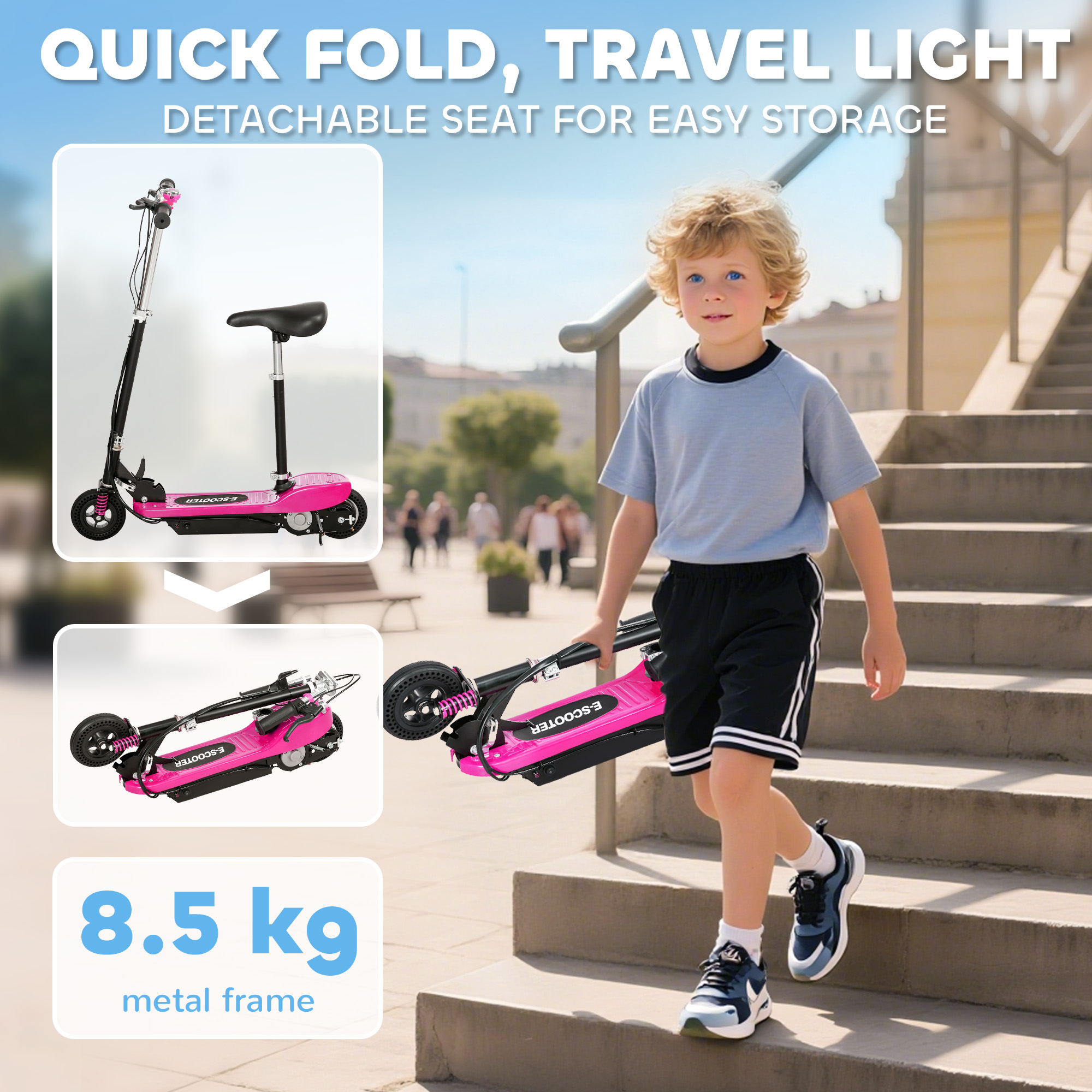 HOMCOM Steel Ride on Powered Scooter, Folding E-Scooter with Warning Bell, 15km/h Maximum Speed, for 6-14 Years Old, Pink 5