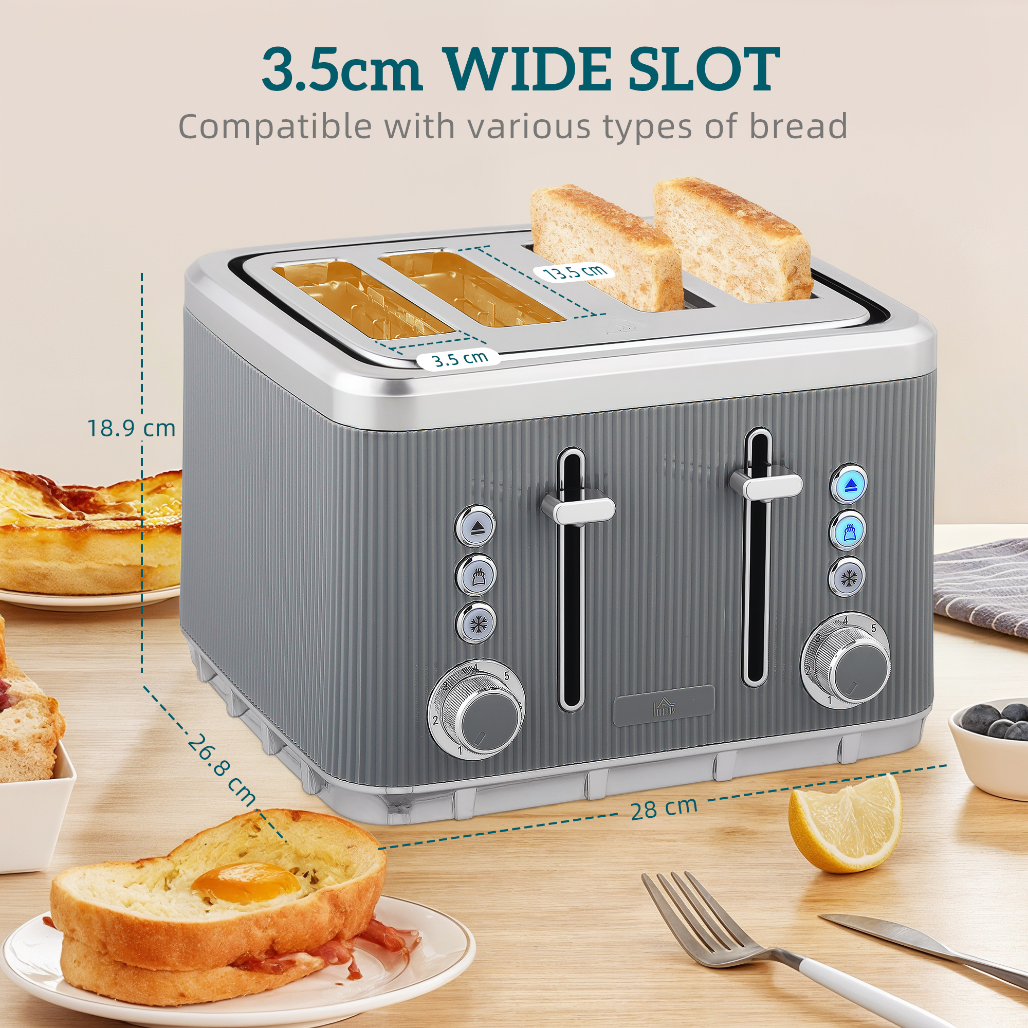 HOMCOM Electric Stainless Steel Kettle and Toaster Set, 3000W 1.7L UK Strix Thermostat Fast Boil Kettle w/ Limescale Filter, Cool Touch Body, 4 Slice Toaster with 7 Browning Levels, Crumb Tray, Grey 6