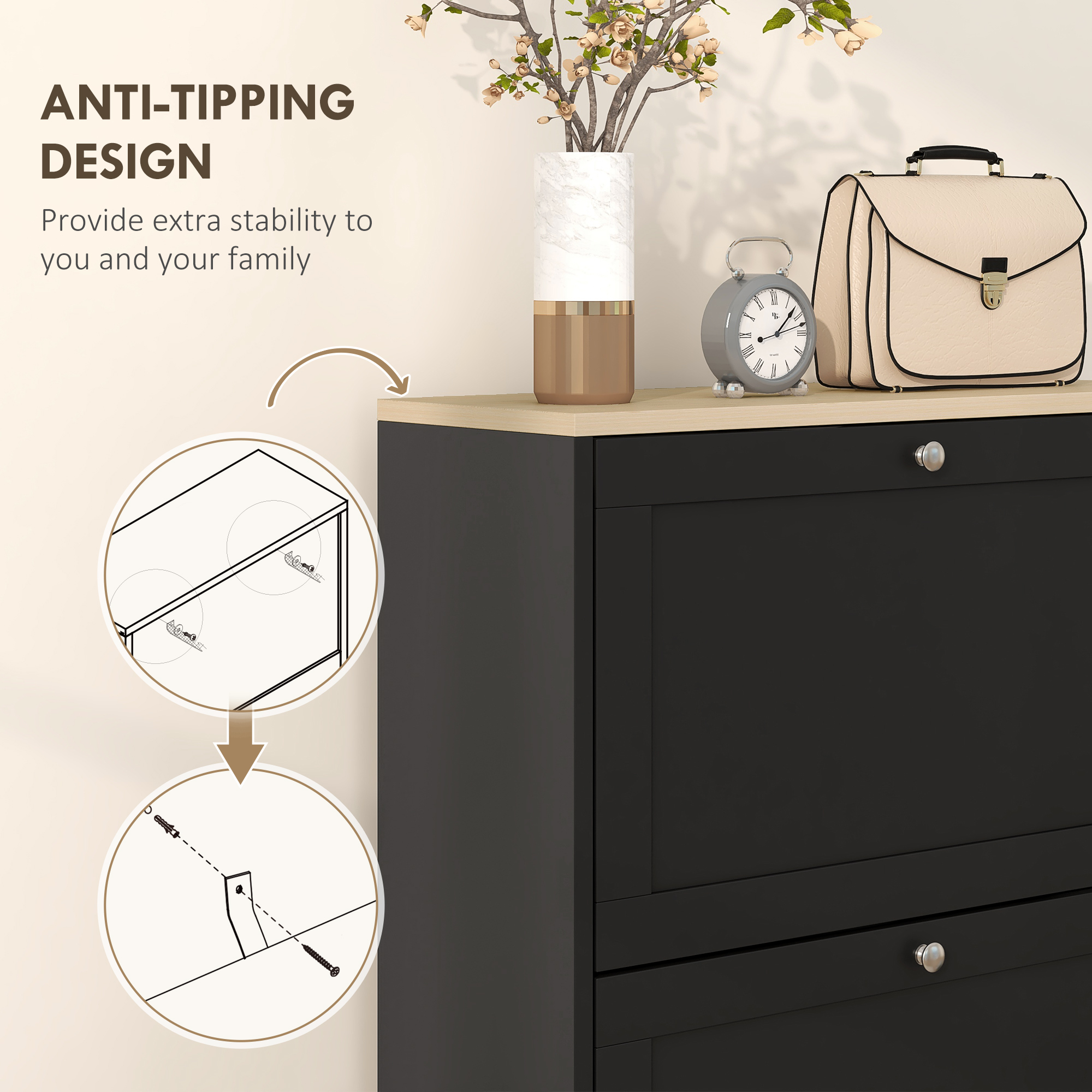 HOMCOM Modern Compact Three-Drawer Shoe Storage Cabinet Black 7