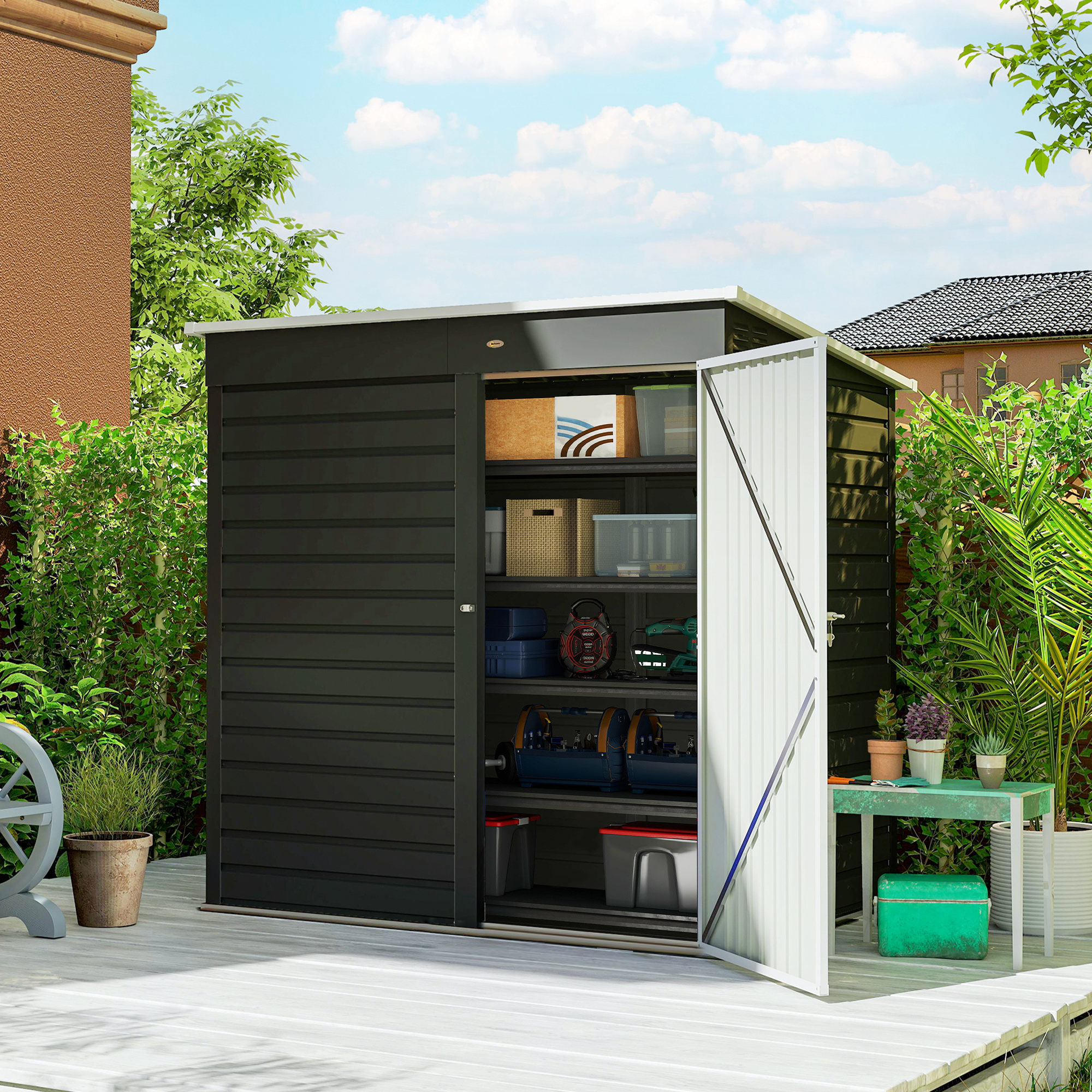 Outsunny 6 x 4ft Metal Garden Storage Shed, Outdoor Tool Storage Shed with Lockable Door and Gloves for Garden, Patio, Dark Grey 2