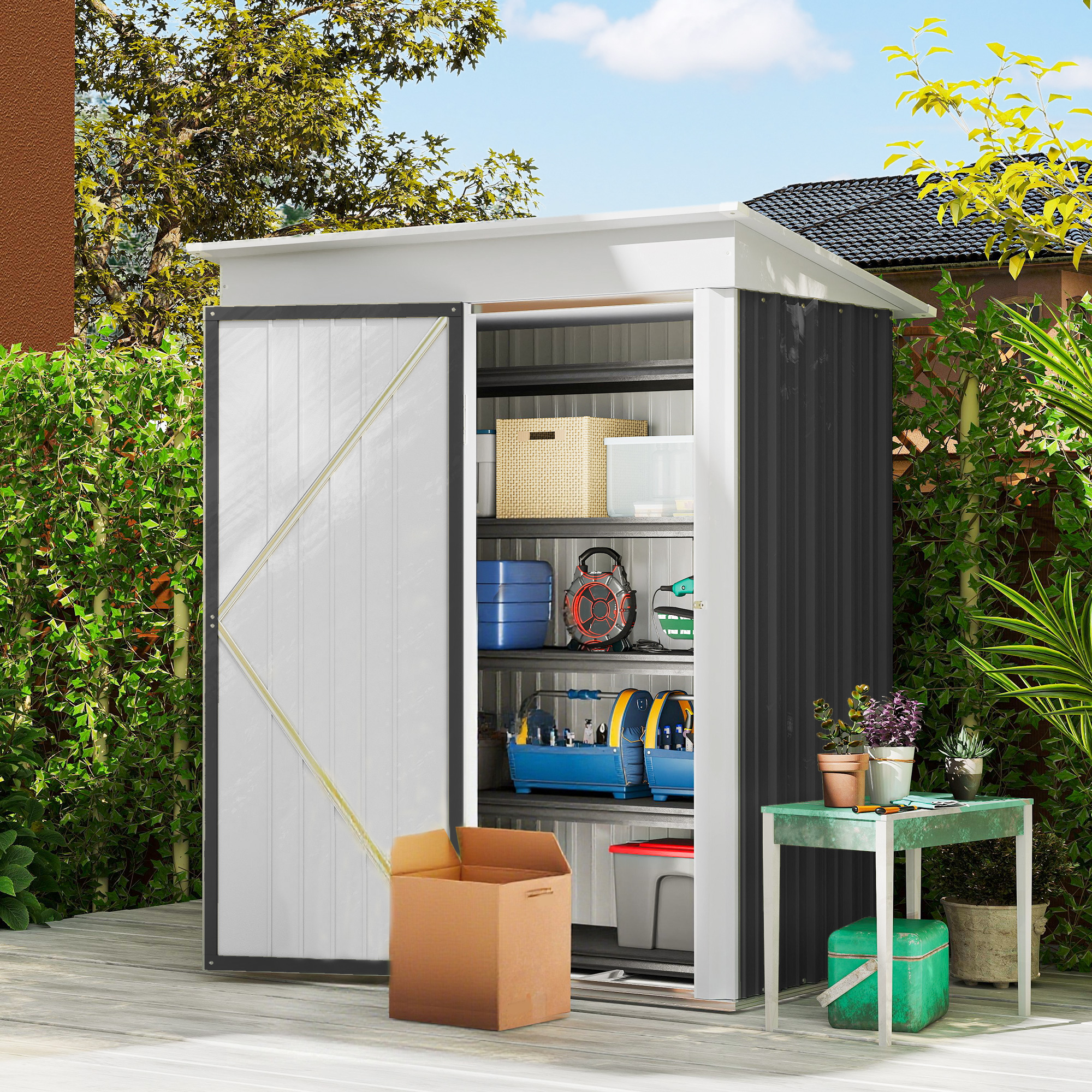 Outsunny Metal Garden Shed, Outdoor Lean-to Shed for Tool Motor Bike, with Adjustable Shelf, Lock, Gloves, 5'x3'x6',  Dark Grey 2