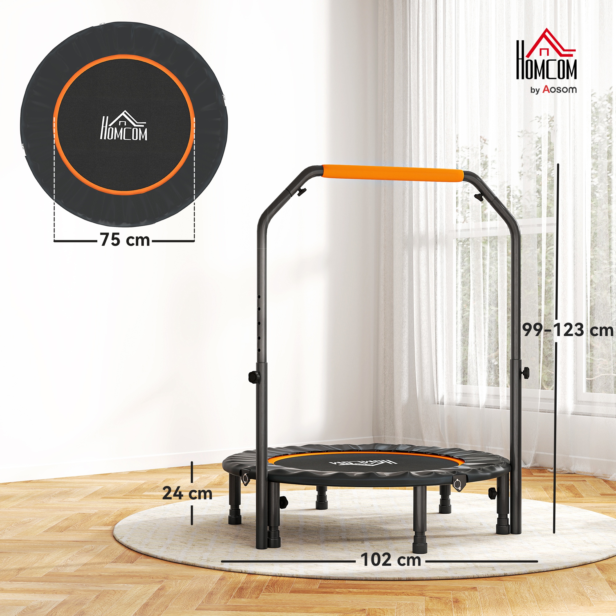 HOMCOM 40" Foldable Mini Fitness Trampoline, with Adjustable Foam Handle, Orange 3