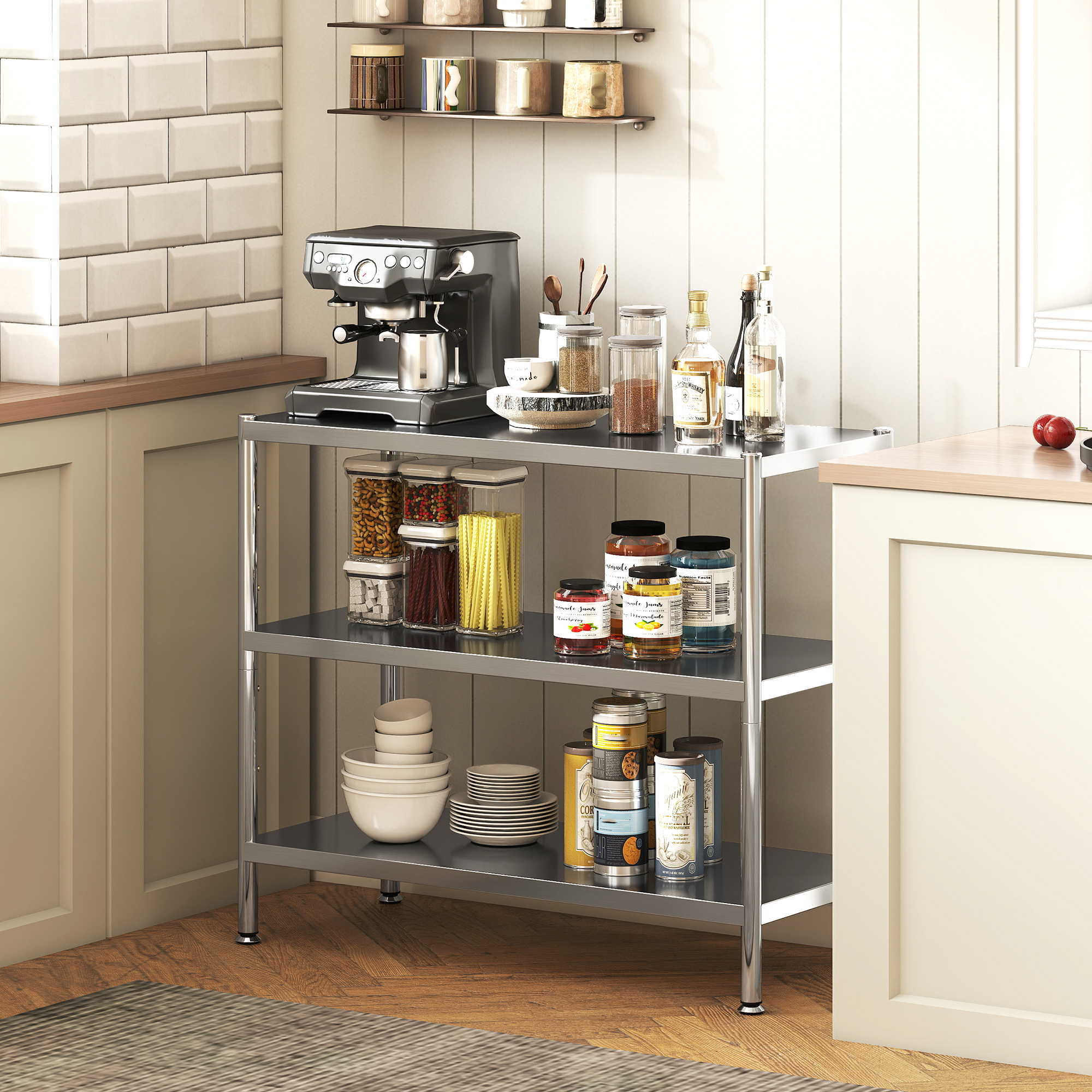 HOMCOM 3-Tier Bakers Rack with Storage, Stainless Steel Microwave Stand with Adjustable Shelves for Small Spaces, Kitchen Storage Unit for Spices, Pots and Pans, Silver Tone 2