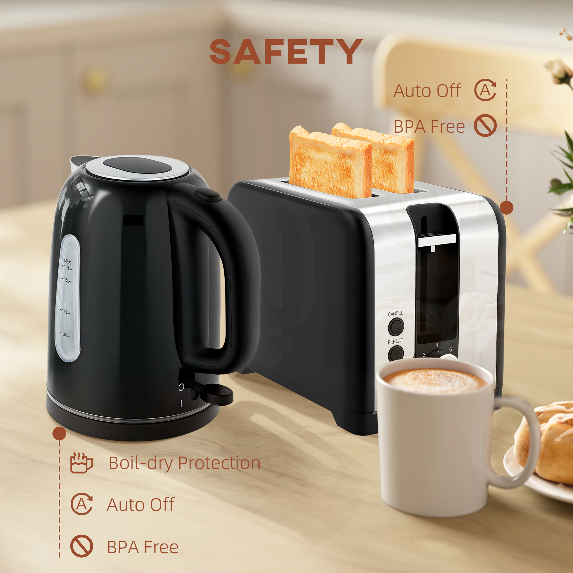 HOMCOM Simple Polished Toaster and Kettle Set Black 9