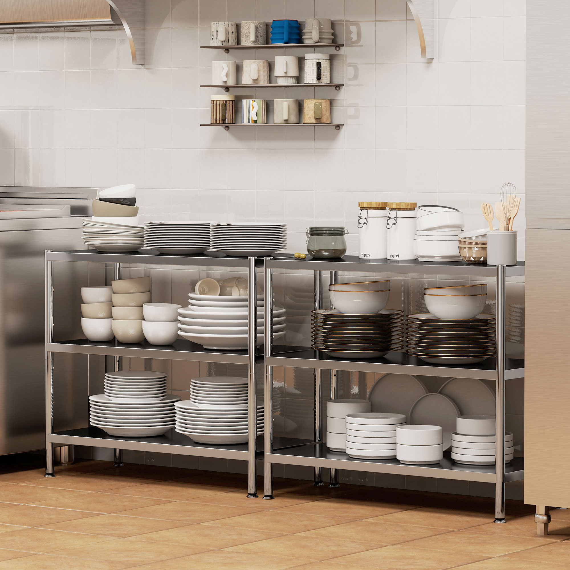 HOMCOM 3-Tier Bakers Rack with Storage, Stainless Steel Microwave Stand with Adjustable Shelves for Small Spaces, Kitchen Storage Unit for Spices, Pots and Pans, Silver Tone 9
