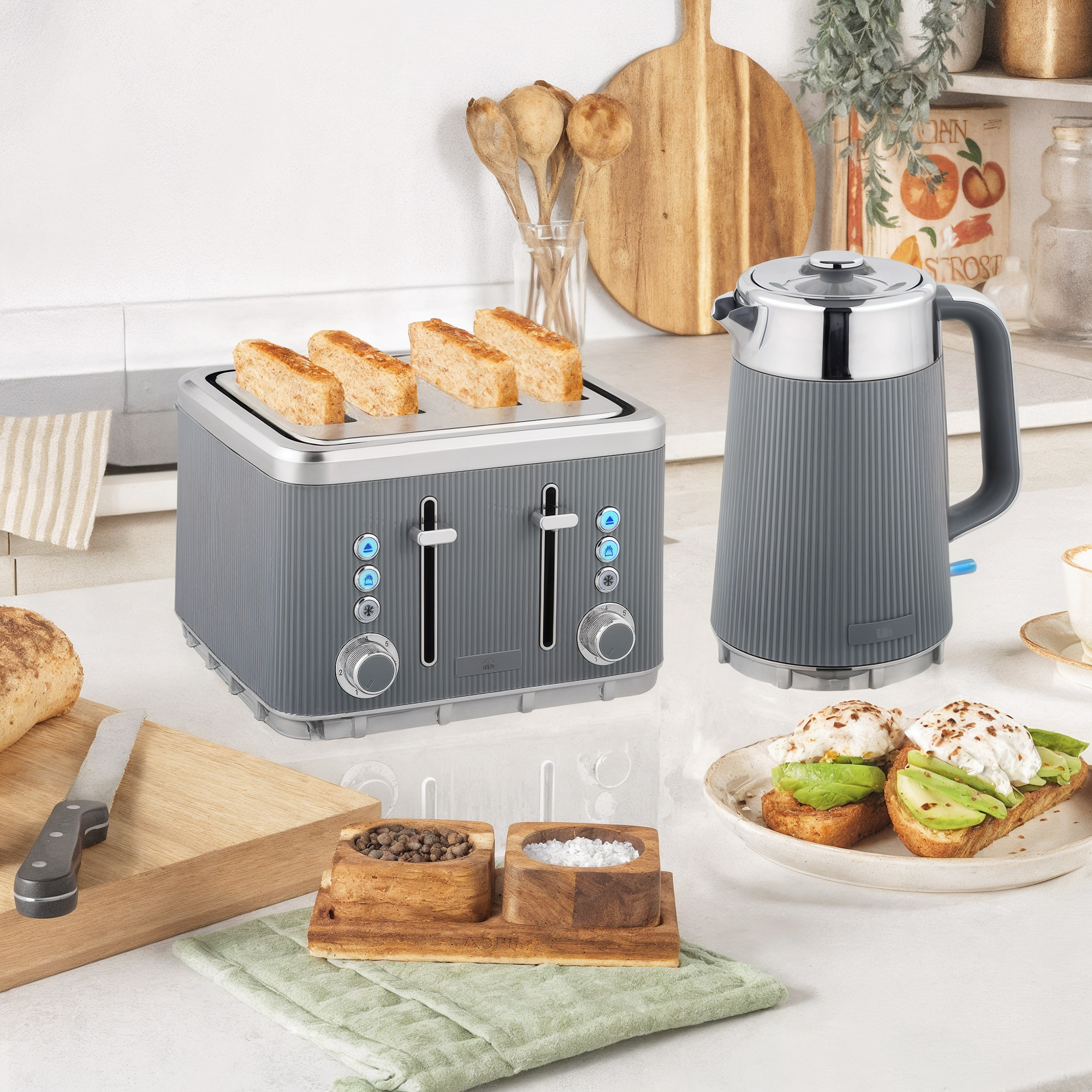 HOMCOM Electric Stainless Steel Kettle and Toaster Set, 3000W 1.7L UK Strix Thermostat Fast Boil Kettle w/ Limescale Filter, Cool Touch Body, 4 Slice Toaster with 7 Browning Levels, Crumb Tray, Grey 2