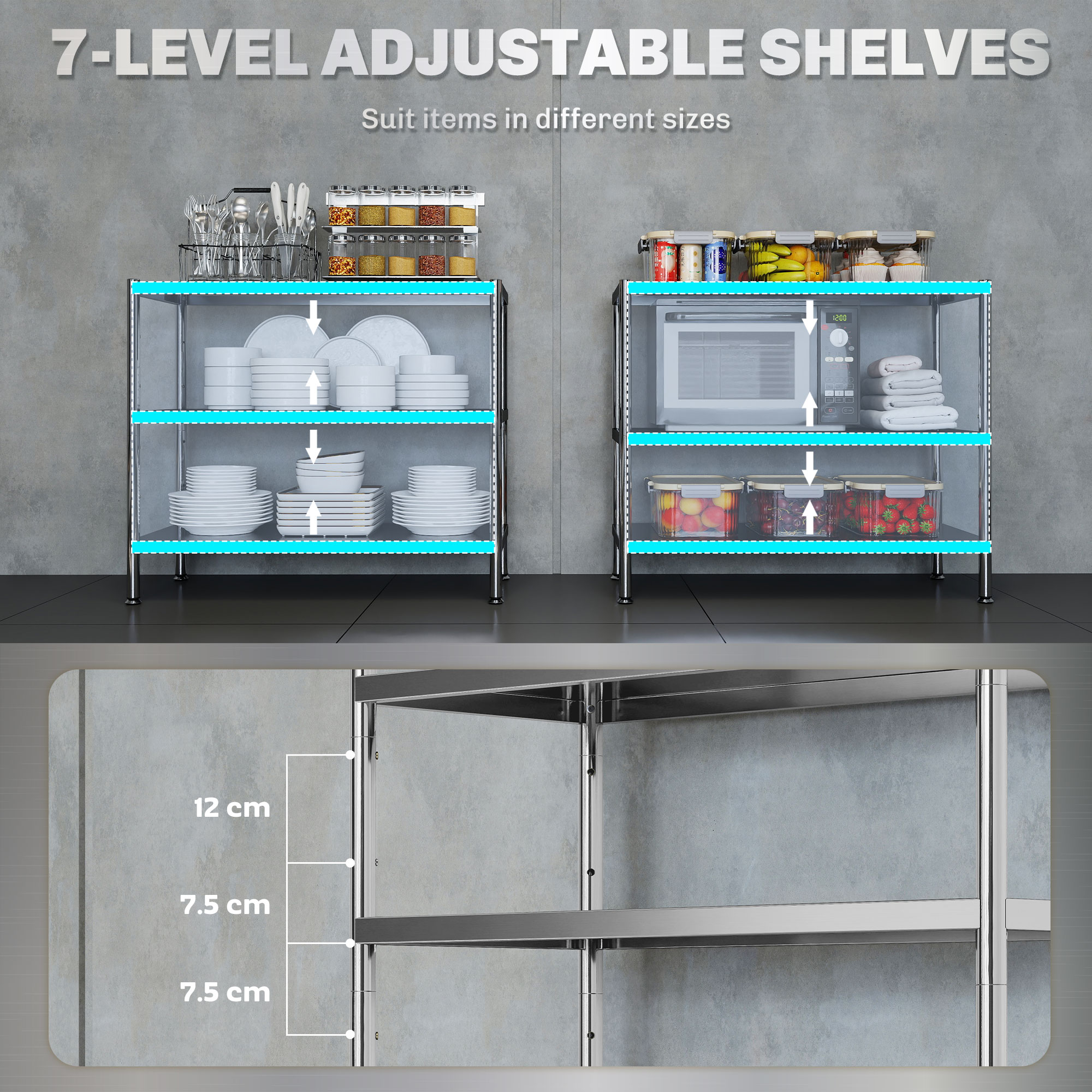 HOMCOM 3-Tier Bakers Rack with Storage, Stainless Steel Microwave Stand with Adjustable Shelves for Small Spaces, Kitchen Storage Unit for Spices, Pots and Pans, Silver Tone 6