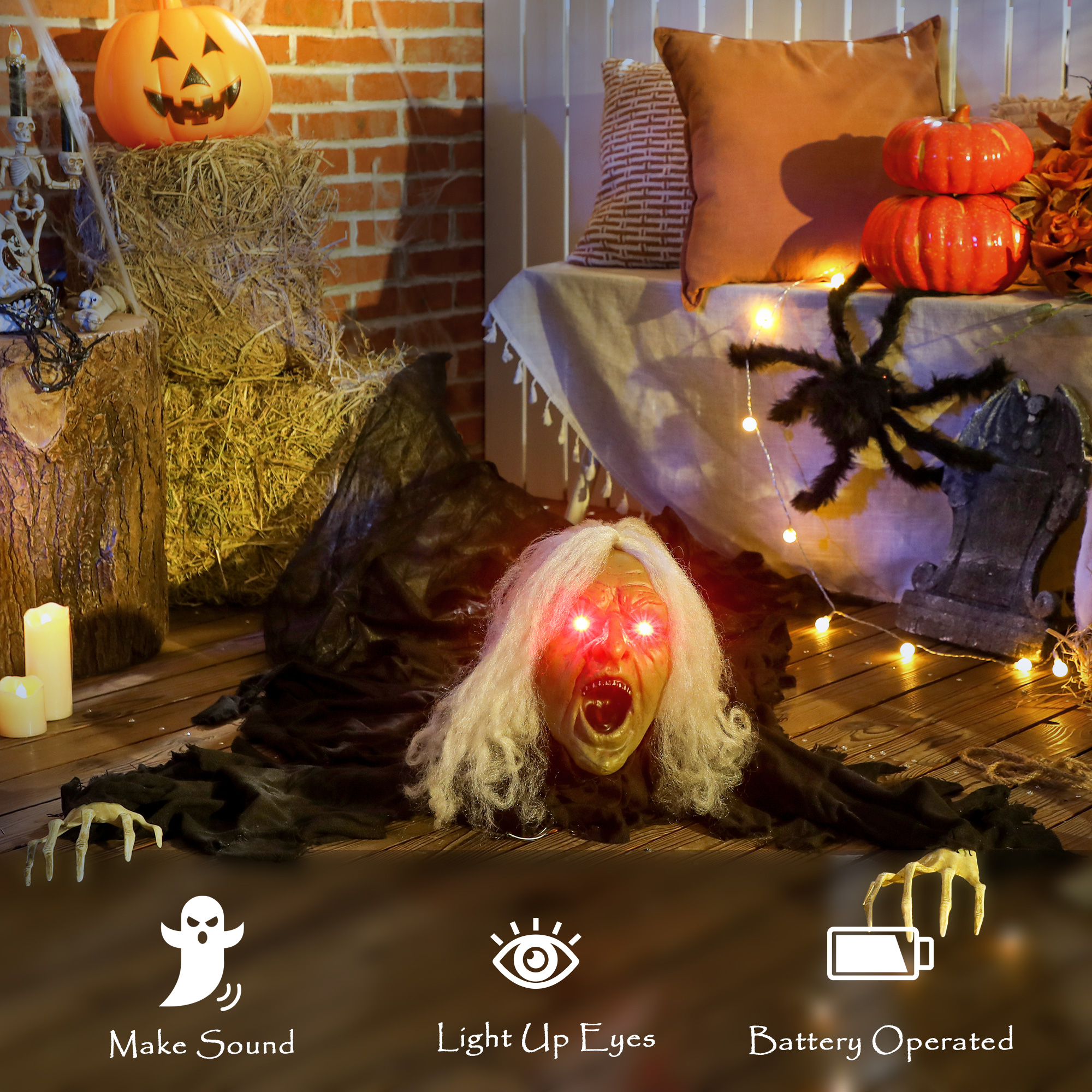 Outsunny 183 cm Life Size Halloween Animated Crawling Zombie with Glowing LED Eyes, Scary Halloween Decorations, Battery Operated, Indoor Outdoor Party Props 6