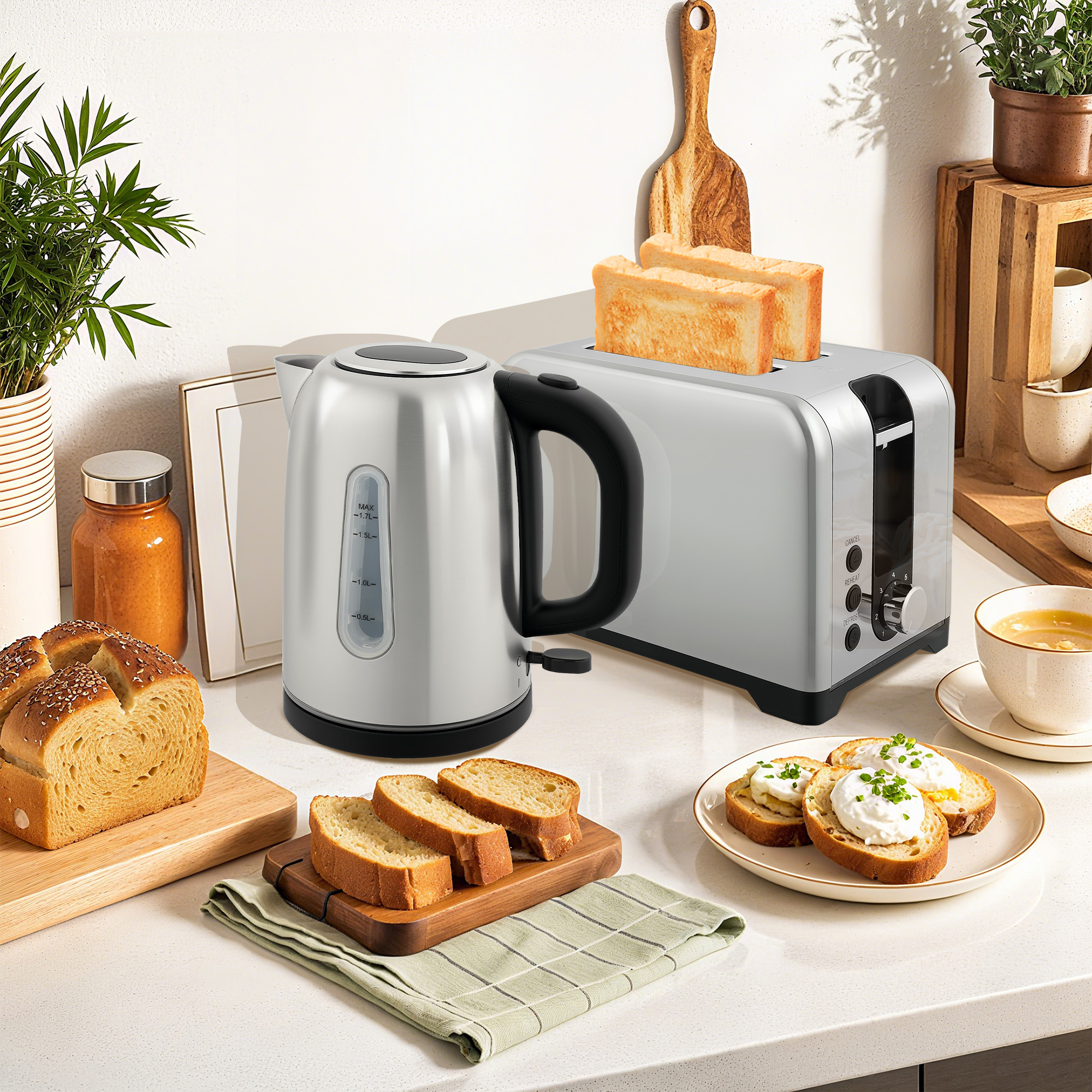 HOMCOM Simple Polished Toaster and Kettle Set Silver Tone 9