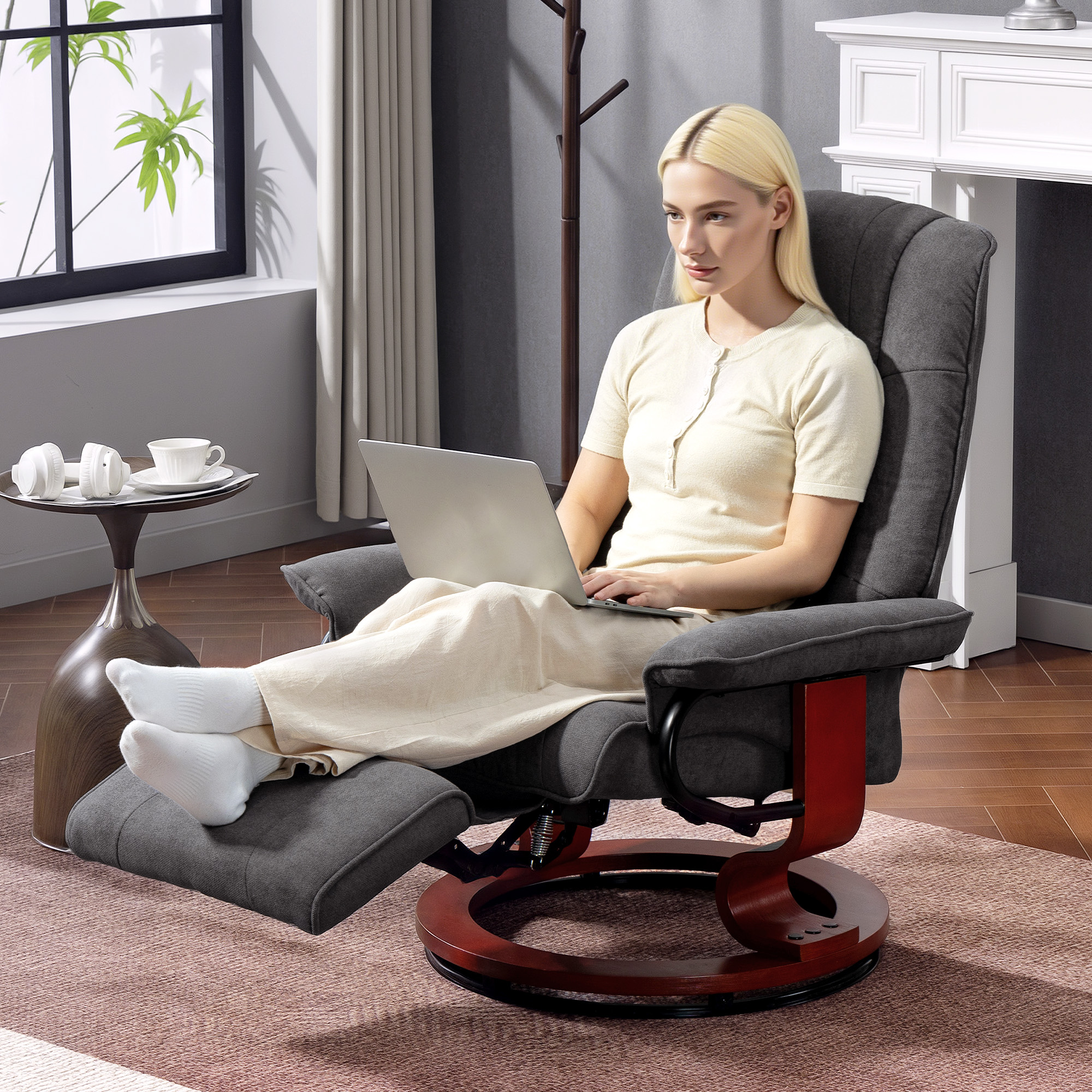 HOMCOM Reclining Swivel Chair, with Footrest Grey 9