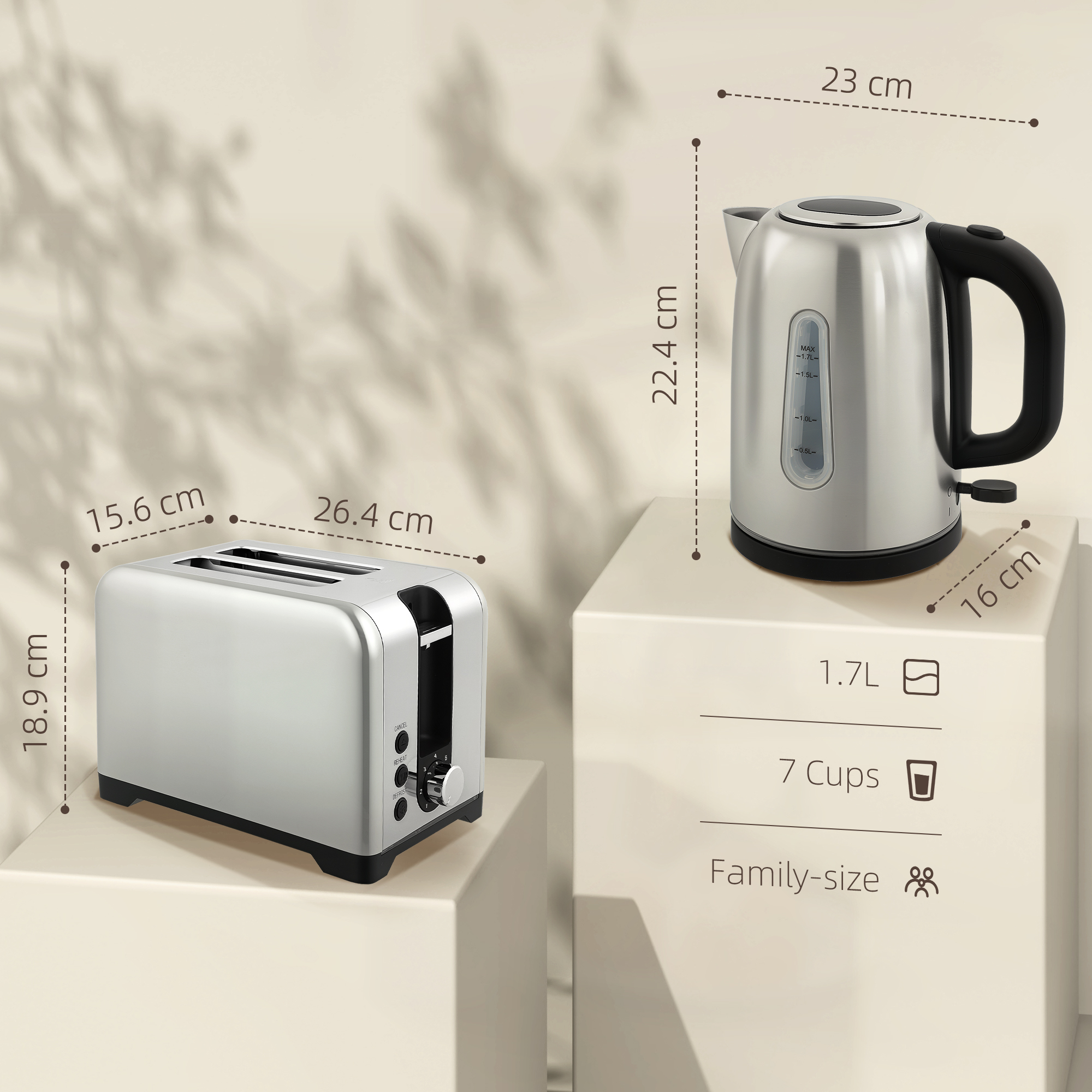 HOMCOM Simple Polished Toaster and Kettle Set Silver Tone 3