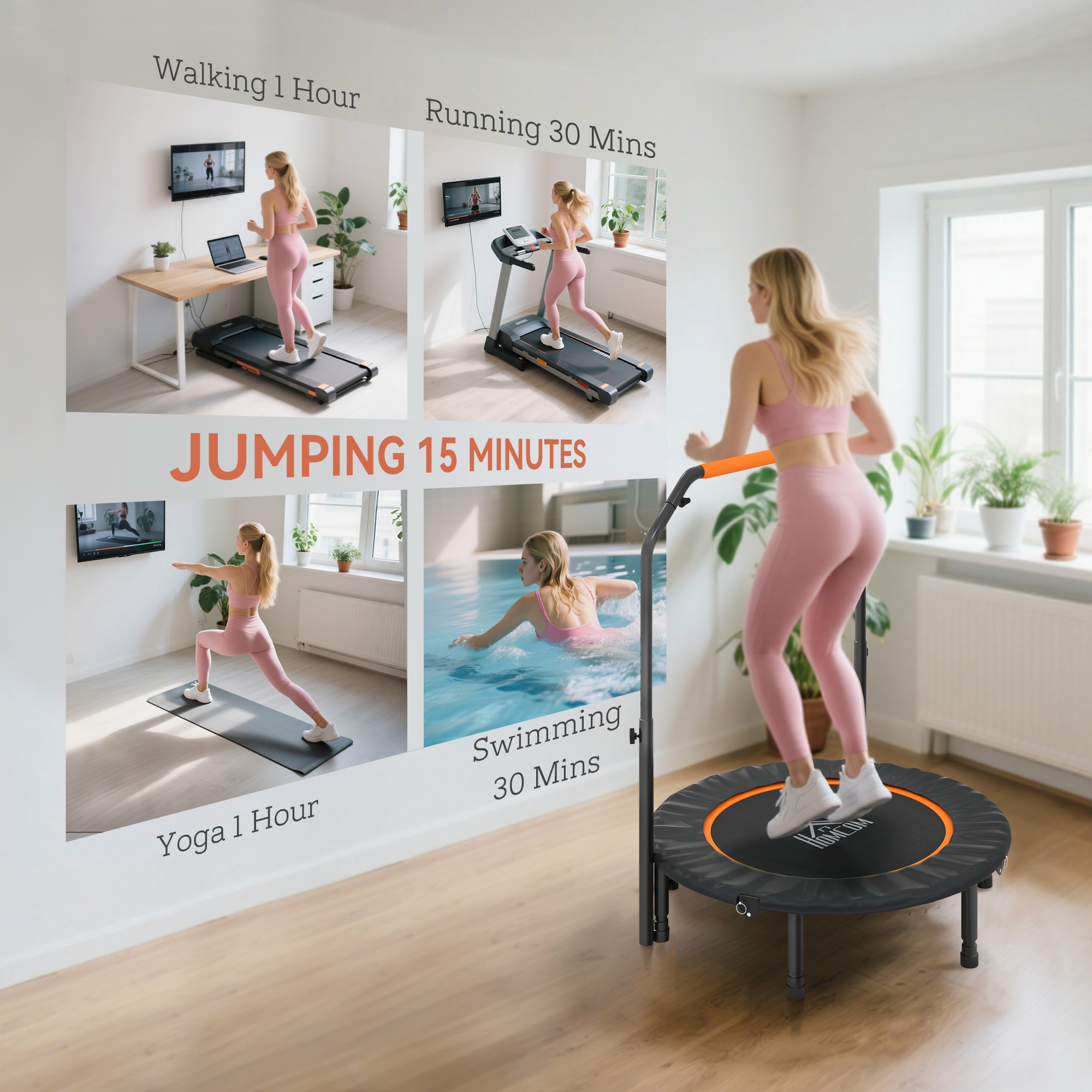HOMCOM 40" Foldable Mini Fitness Trampoline, with Adjustable Foam Handle, Orange 7