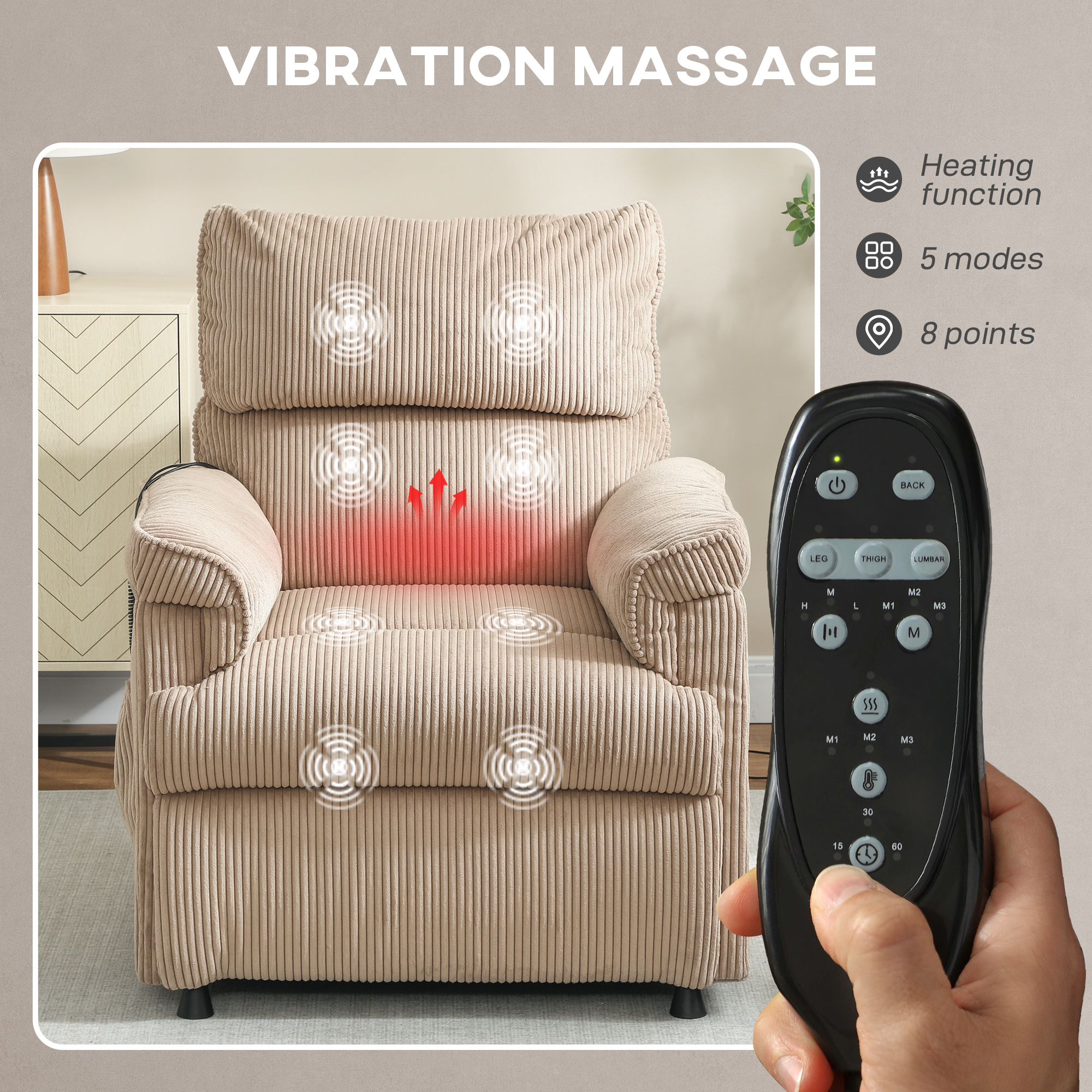HOMCOM Corduroy Electric Massage Recliner Brown 4