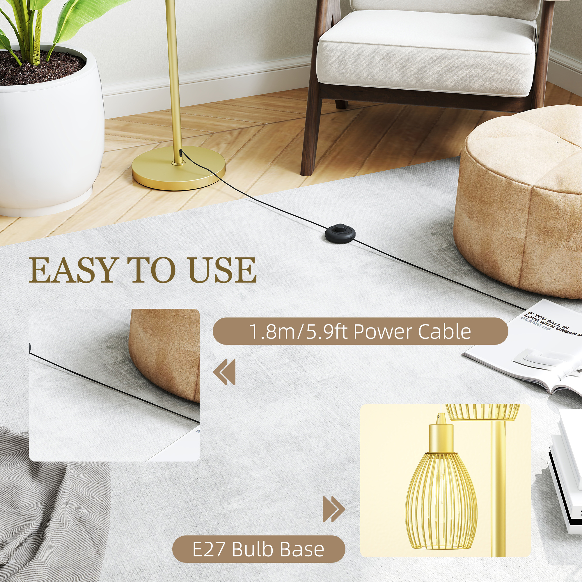 HOMCOM 3-Light Floor Lamp, 170cm Industrial Dimmable Standing Lamp with Steel Wire Cage Lampshades for Living Room, Bedroom, Dining Room, Study, Bulb Not Included, Gold Tone 6