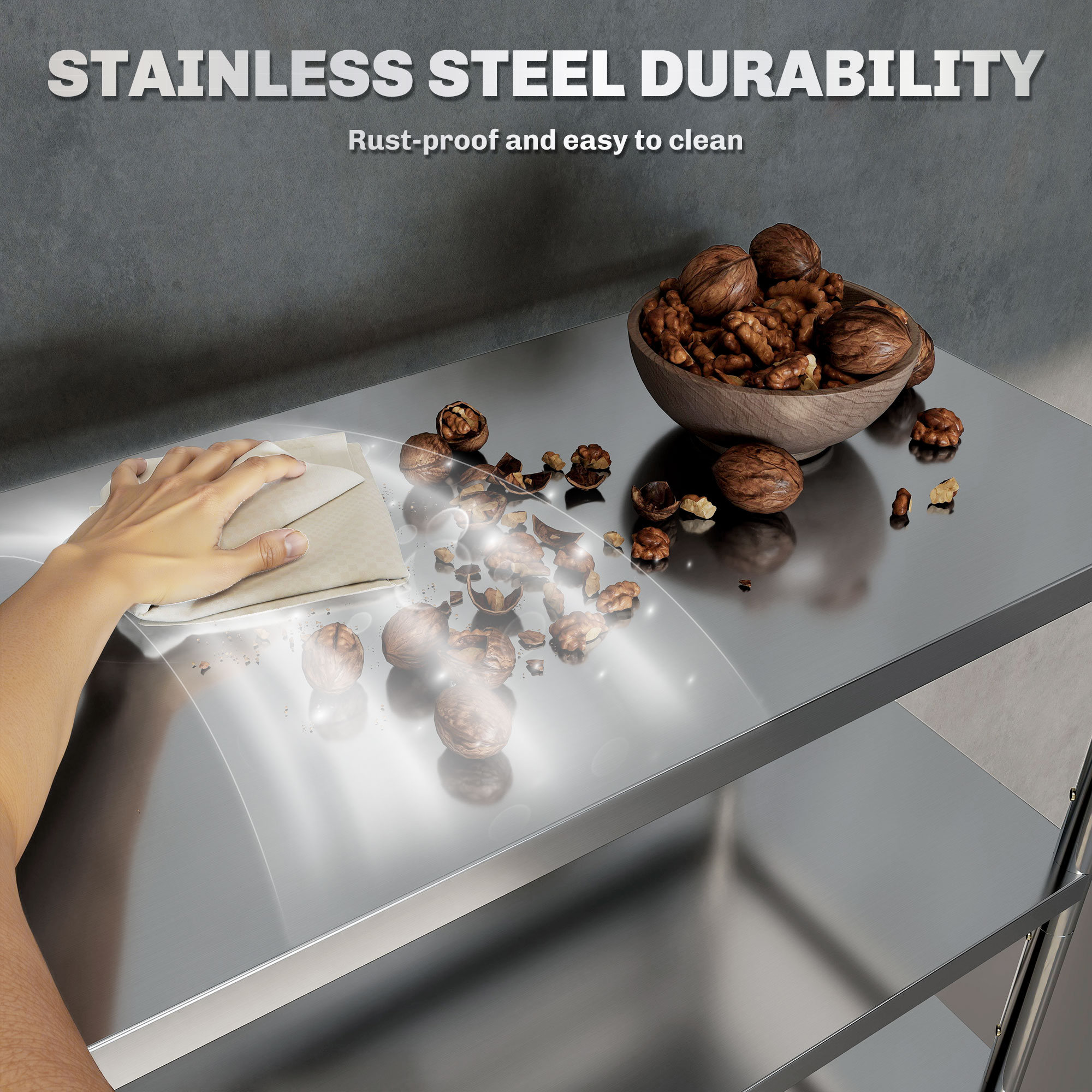 HOMCOM 4-Tier Bakers Rack with Storage, Stainless Steel Microwave Stand with Adjustable Shelves for Small Spaces, Kitchen Storage Unit for Spices, Pots and Pans, Silver Tone 4
