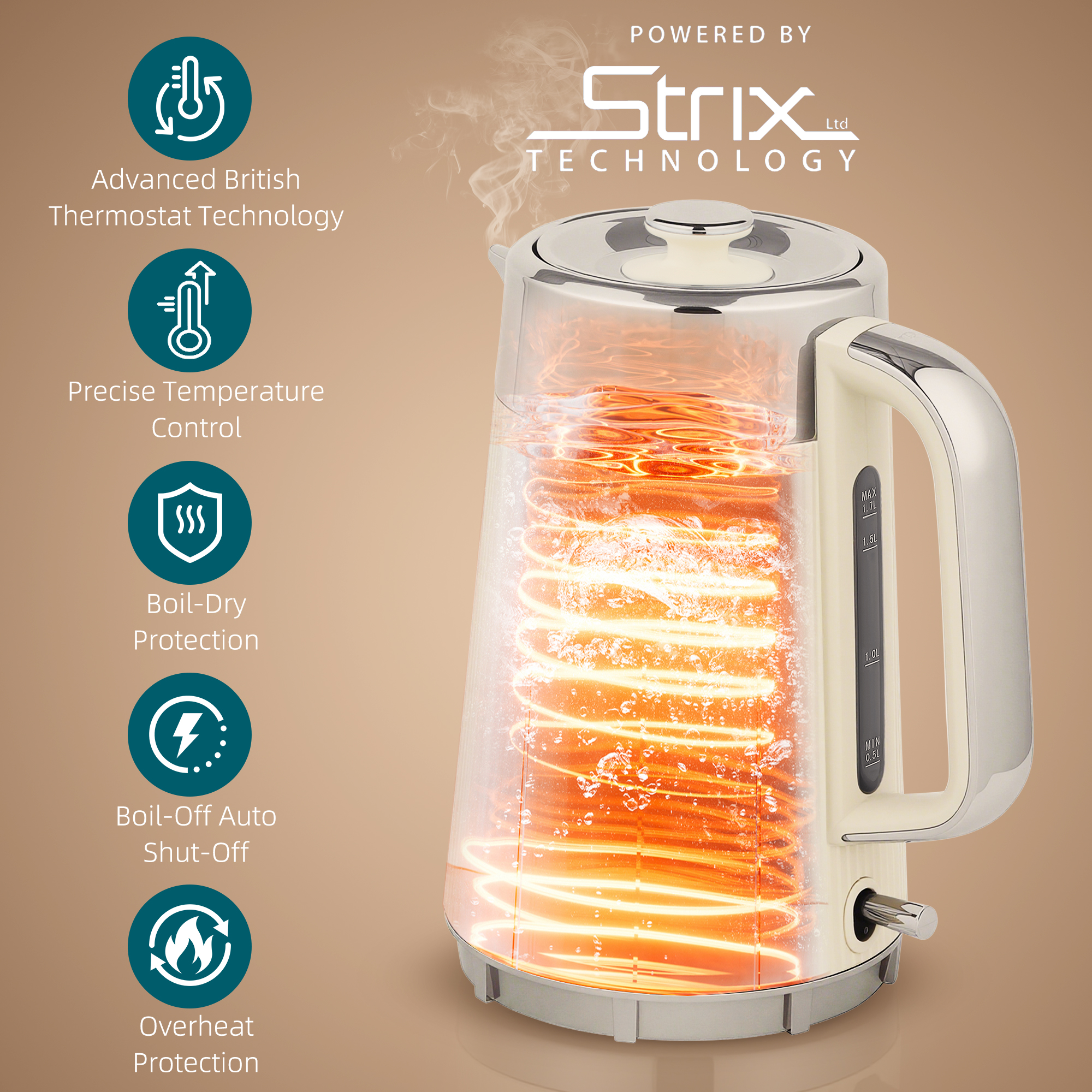 HOMCOM Electric Stainless Steel Kettle and Toaster Set, 3000W 1.7L UK Strix Thermostat Fast Boil Kettle w/ Limescale Filter, Cool Touch Body, 4 Slice Toaster with 7 Browning Levels, Crumb Tray, Cream 4