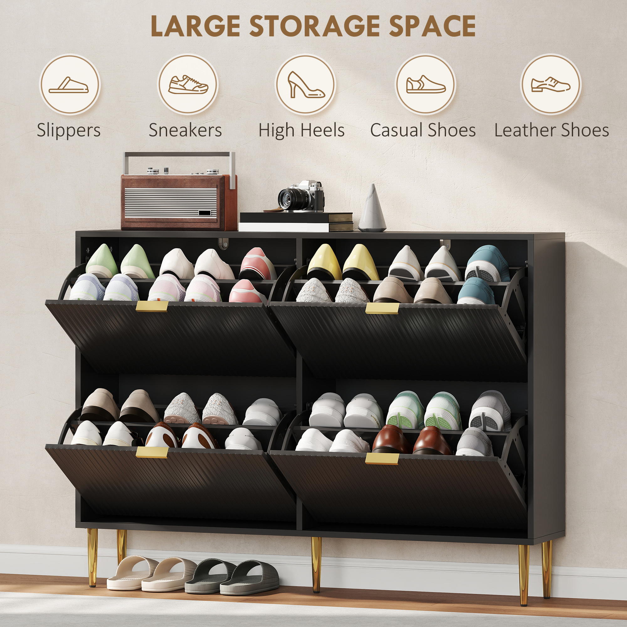 HOMCOM Narrow Shoe Cabinet with 4 Flip Drawers Black 5