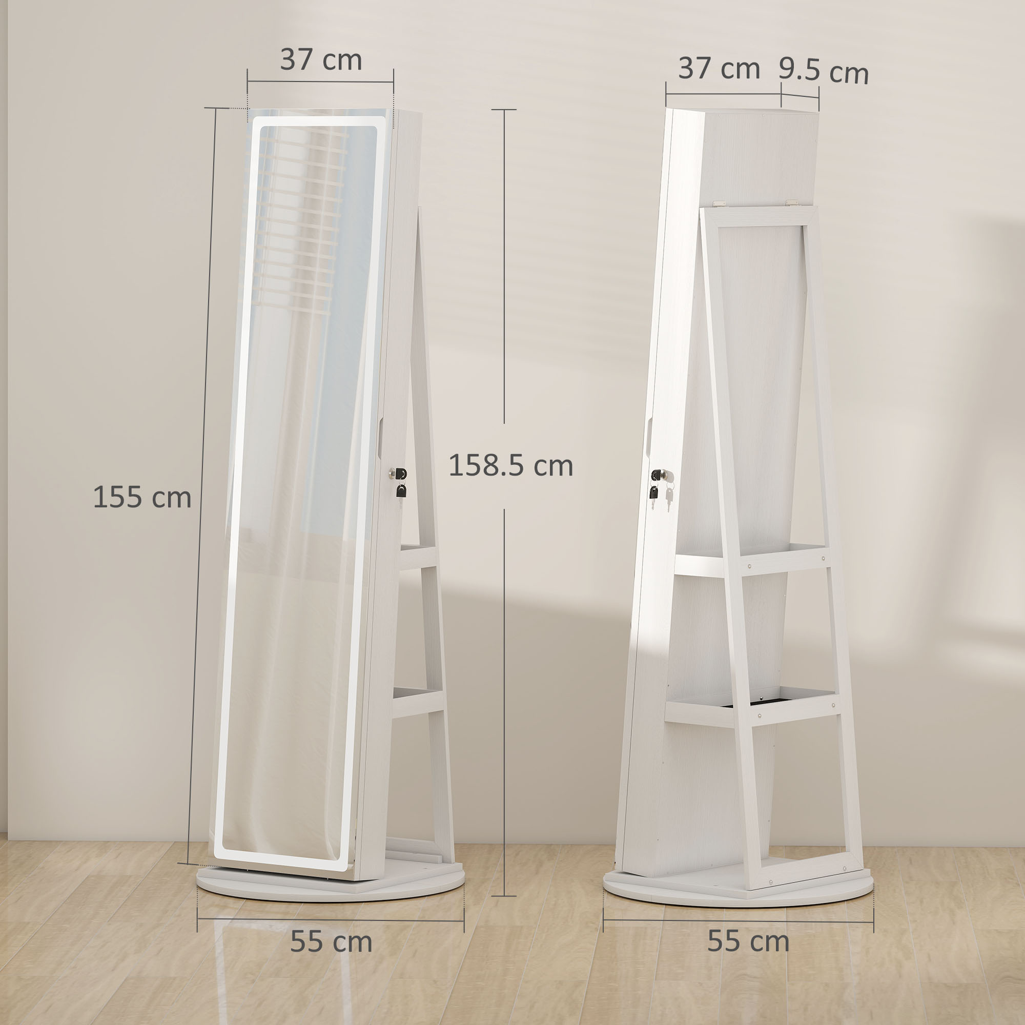 HOMCOM Storage Jewellery Cabinet, with Mirror and Lights White 3