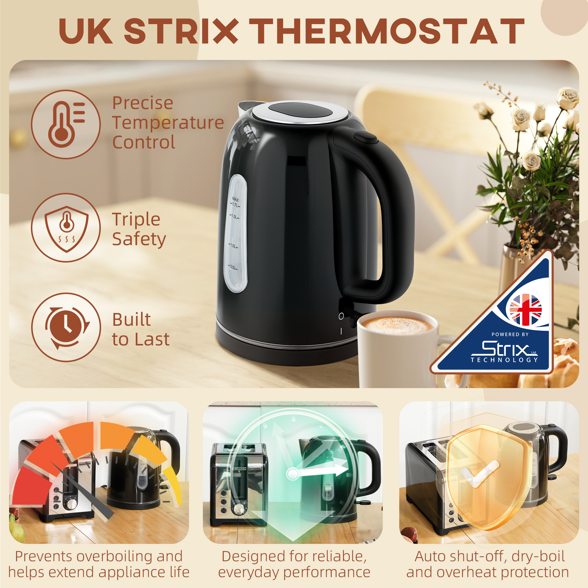 HOMCOM Simple Polished Toaster and Kettle Set Black 5