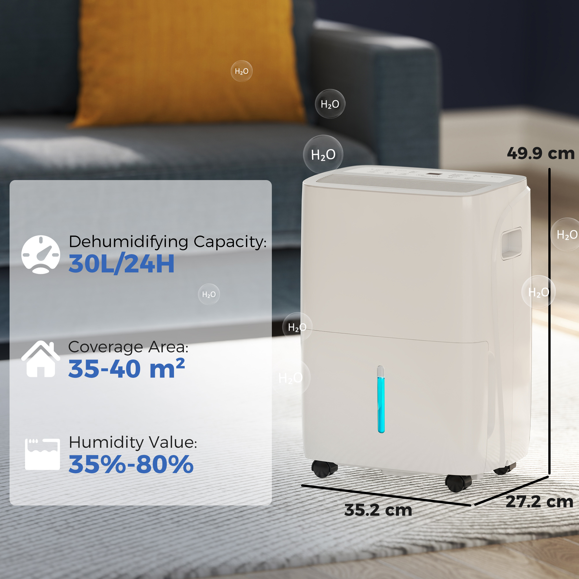 HOMCOM 30L/Day Dehumidifier with Auto-Clean Filter, Continuous Drainage, 4L Water Tank, 24H Timer, Digital Humidity Display, Dehumidifier for Home Damp, Bedroom, Condensation, Mould, Laundry Drying 3